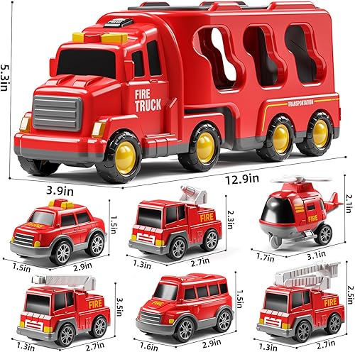 Miniatura 6 de Camiones de bomberos 7 en 1 para niños de 3, 4, 5, 6 años, camiones de transporte para niños pequeños de 4 a 6 años, camiones de juguetes con sonido