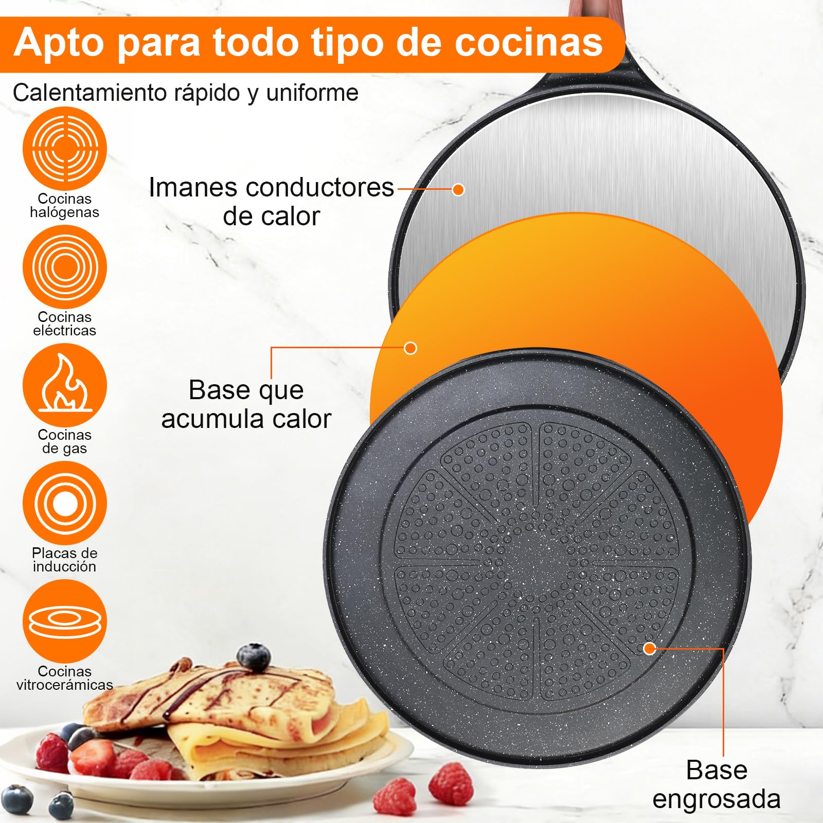 Sartén para crepes de 26 cm, sartén premium para crepes y sartén para crepes con extensor de masa, sartén para crepes sin BPA, ideal antiadherente para panqueques y tortillas