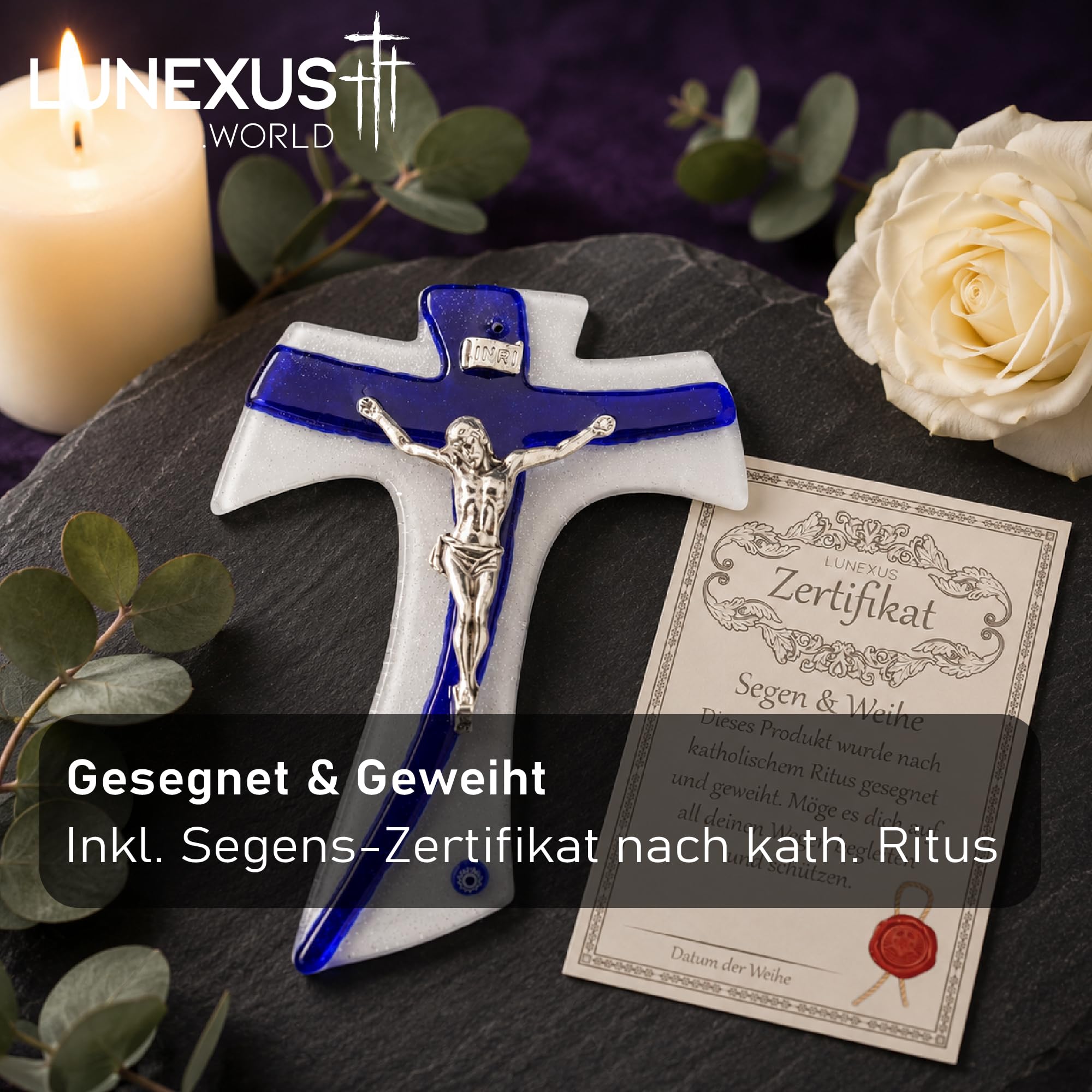 Lunexus Szklany krzyż ścienny 16 cm z korpusem Jezusa INRI biały/niebieski