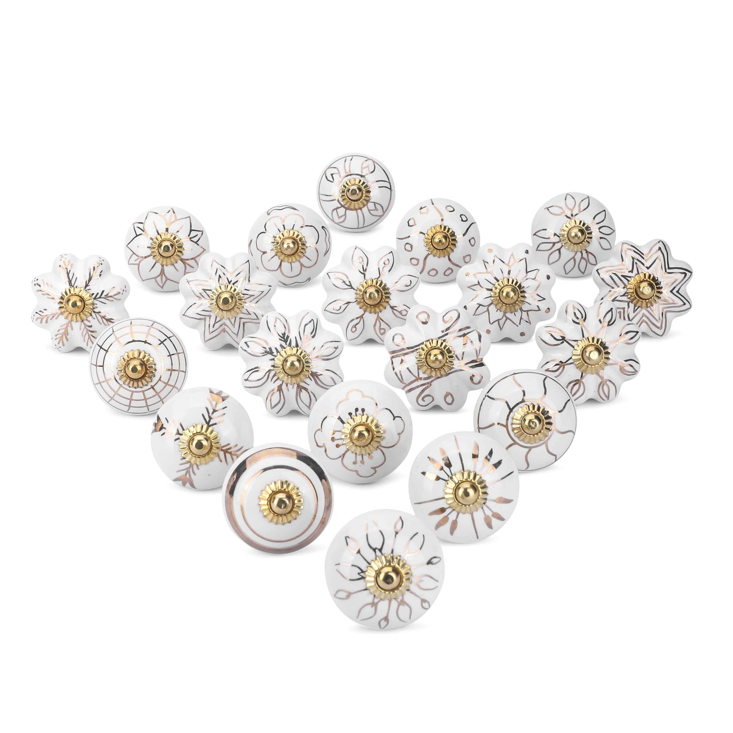 Ajuny Ceramic Knobs Set of 20 White Gold, Handmade Cupboard Door Knobs and Drawer Pull Handles for Kitchen Cabinets, Wardrobe, Bathroom Dresser Furniture