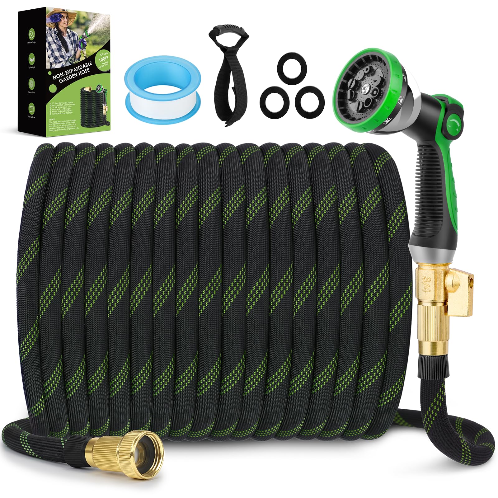 FlexiSolve Garden Hose 150 ft, NON-EXPANDABLE Ultra Lightweight & Flexible Water Hose With 10-Pattern Spray Nozzle, Kink-Resistant, Leak-Proof, 3750D High-Density Fabric & Shut-Off Valve, Hose Straps
