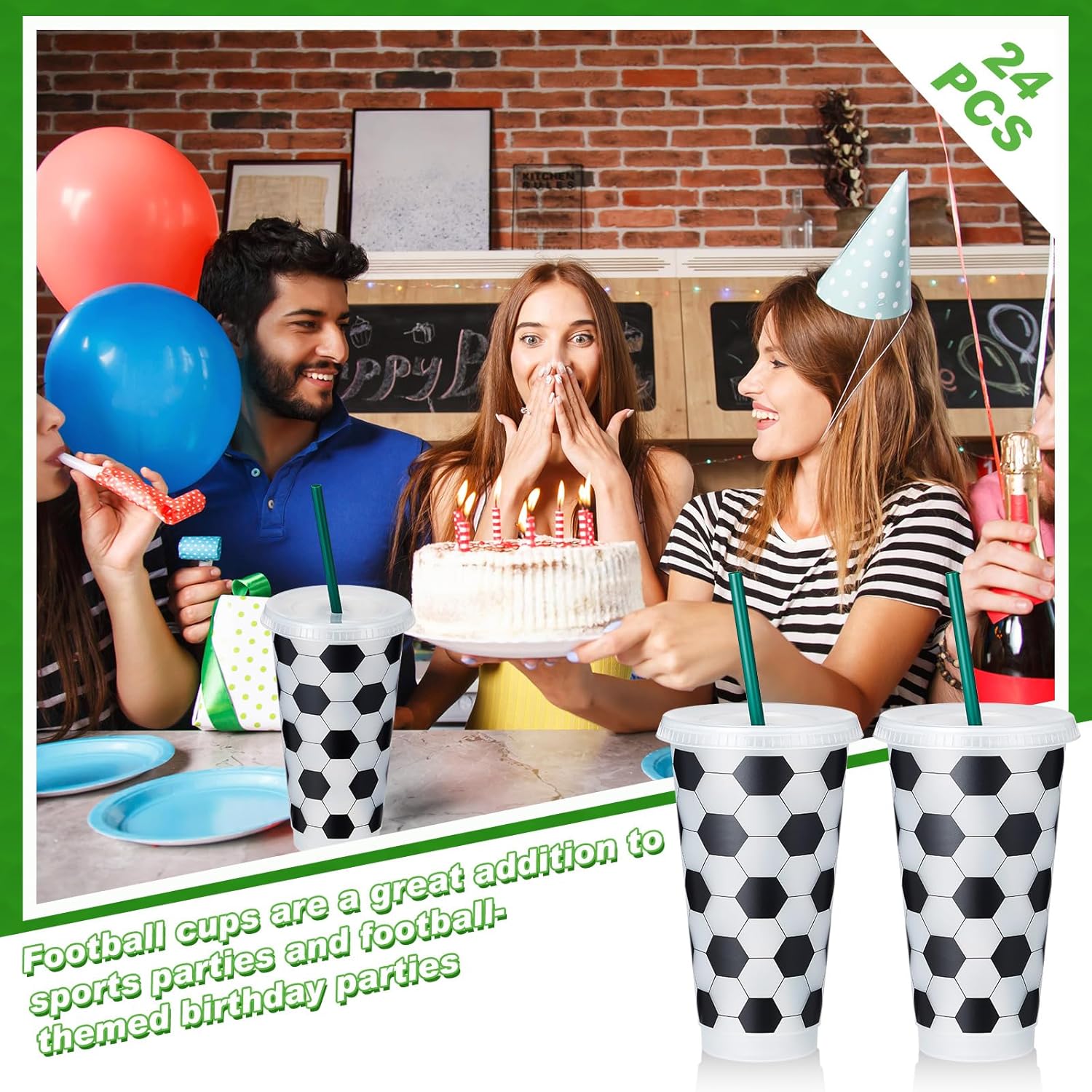 Uiifan 24 Pcs Plastic Soccer Cups Bulk Reusable Tumbler with Lid and Straw Sports Gifts for Coach Fan Men Women Soccer Team Gifts Party Favors Sports Themed Party Decoration (24 oz) - Image 5