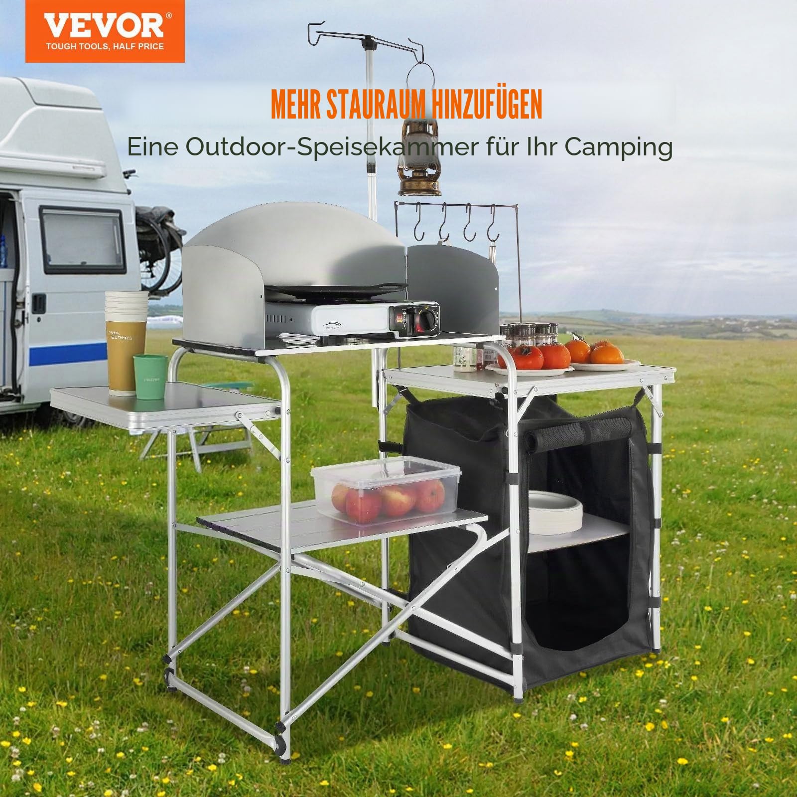VEVOR Campingküche Outdoor Faltbar 78 x 49 x 13 cm, Alu Campingschrank, Camping Küche mit Windschutz, Campingmöbel Reiseküche inkl. Haken & Lampenmast 66-121 cm, Küchenschrank Campingtisch Reisen