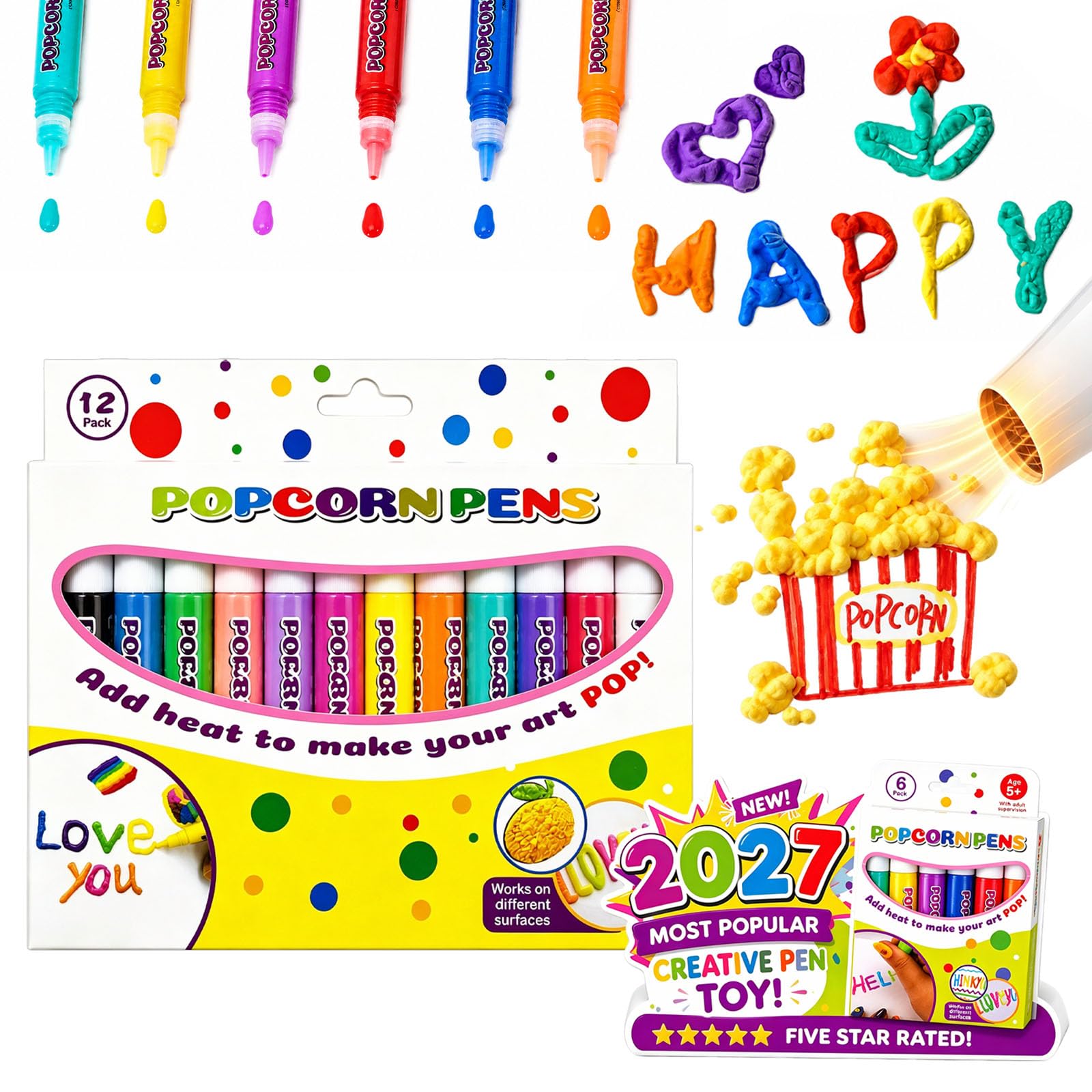 Magic Popcorn Pen, DIY Bubble Popcorn Drawing Pens, 3D Puffy Embellish Decorate Graffiti Stationery for Greeting Birthday Cards Kids Christmas (12 Colors-1 Box)