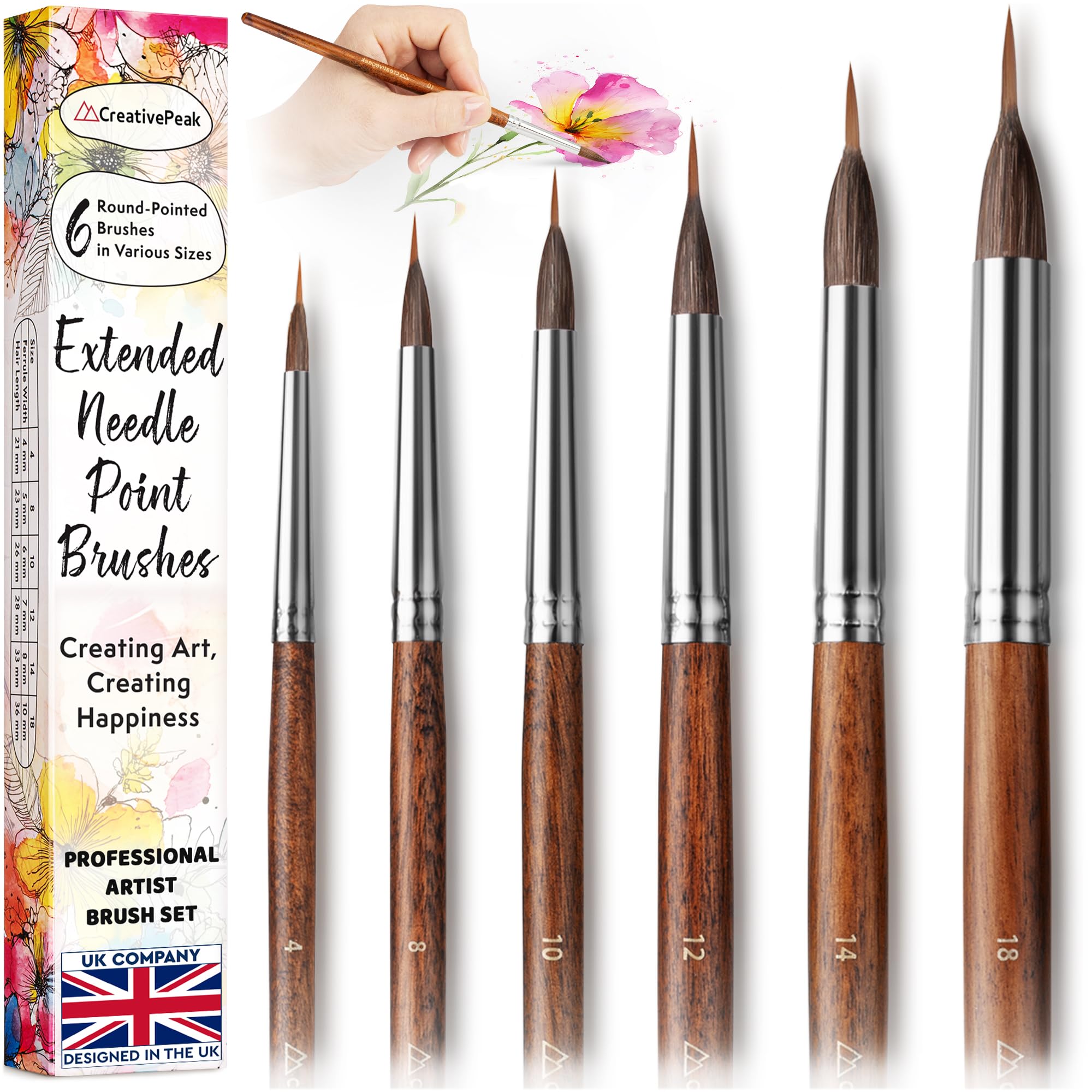Extended Needle Point Brushes - Set of 6 - Professional Watercolour Brush Set - Fine Tip Bristles for Painting Art, Detailing Porcelain, Precision Calligraphy - Quality Artist Supplies by CreativePeak