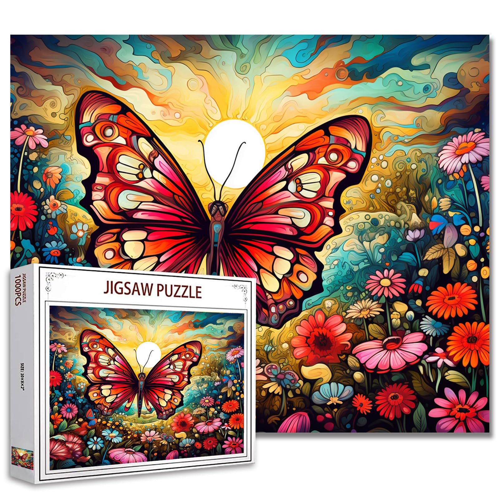 Tucocoo 1000 Piece Puzzle for Adults - Butterfly and Flowers - Sun - Retro Abstract Art - Family Activities Games - DIY - Decoration — image 1