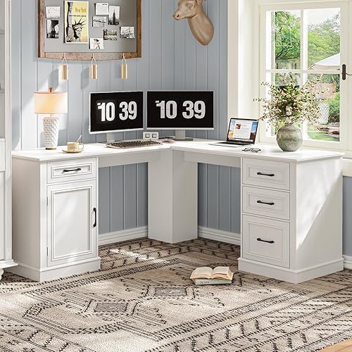 Miniatura 6 de Vabches Farmhouse - Escritorio ejecutivo en forma de L de 59 pulgadas con cajones, escritorio esquinero de madera para oficina en casa con estación