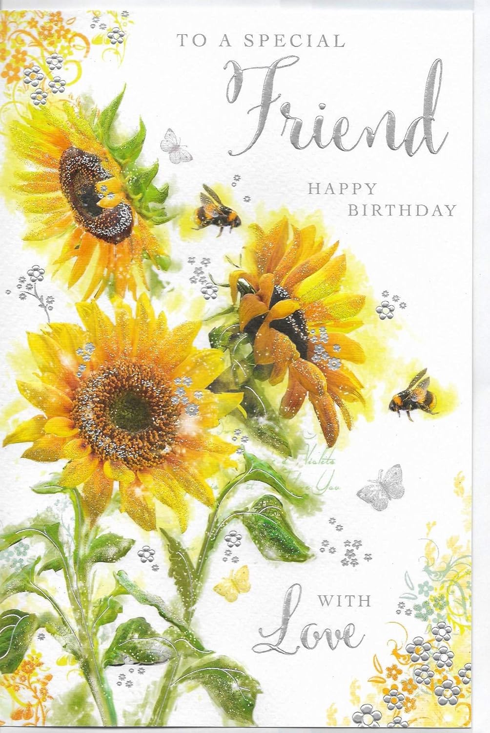 Happy Birthday Friend Sunflower Images Jonny Javelin Special Friend Birthday Card (Sg09) Sunflowers & Bees -  Secret Garden - Silver Embossed & Glitter Finish : Amazon.co.uk: Stationery  & Office Supplies