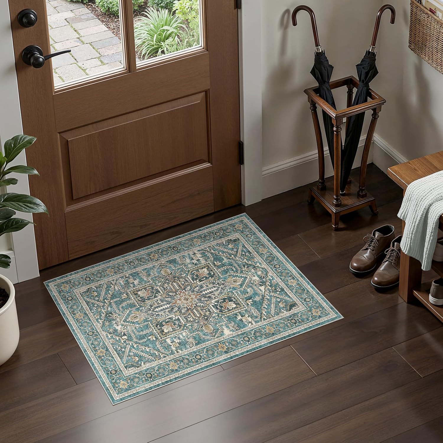 WITSHOCK 2x3 Area Rugs for Living Room, Washable Non Slip Rugs for Entryway Kitchen Laundry Room, Soft Low Pile Stain Resistant Oriental Distressed Vintage Carpet for Farmhouse Home Decor - Dull Teal