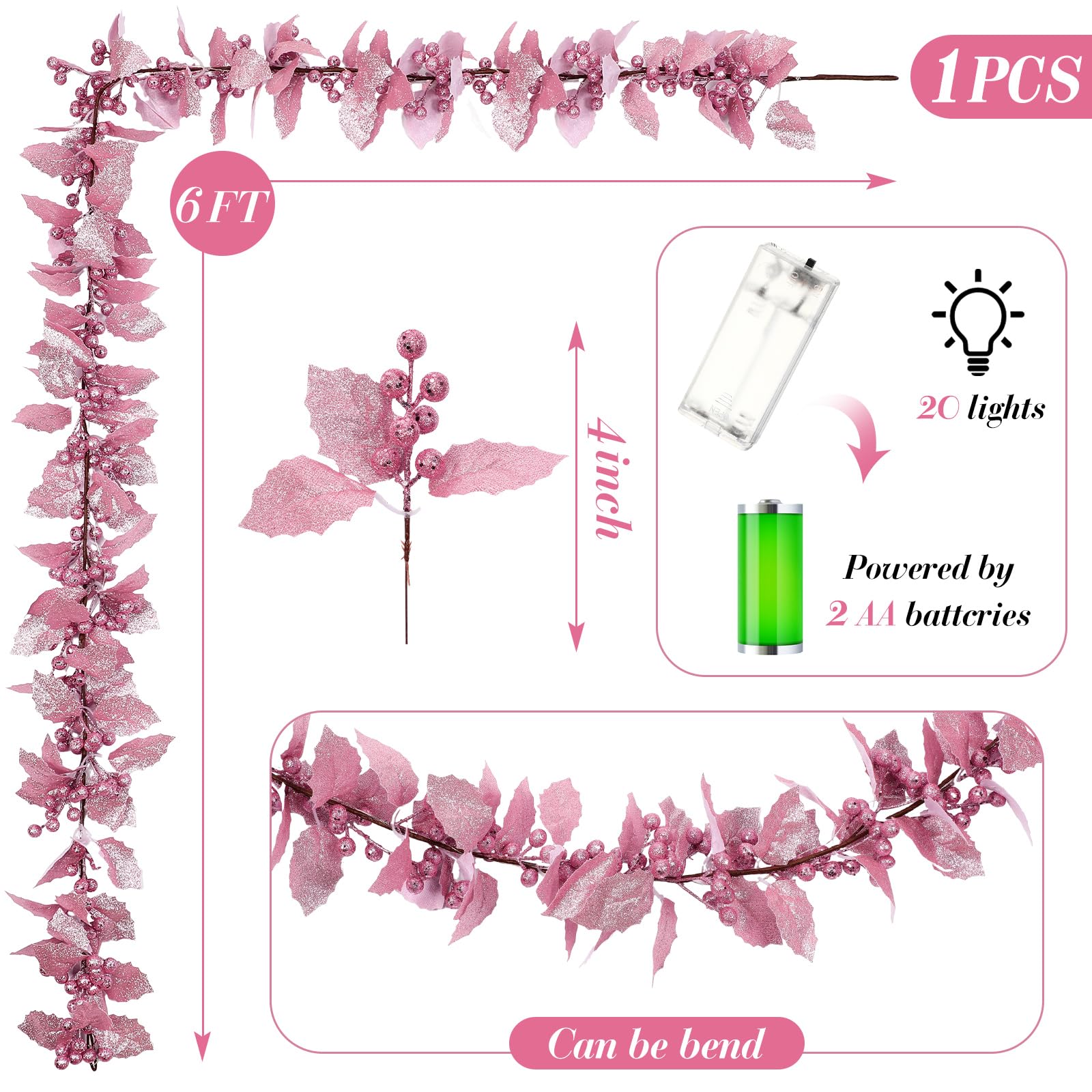 Syhood Guirlande de baies de Noël de 1,8 m - Guirlande lumineuse de feuilles de houx artificielles pour intérieur - Décoration d'automne et de Noël - Guirlande lumineuse pour cheminée, cheminée - Rose