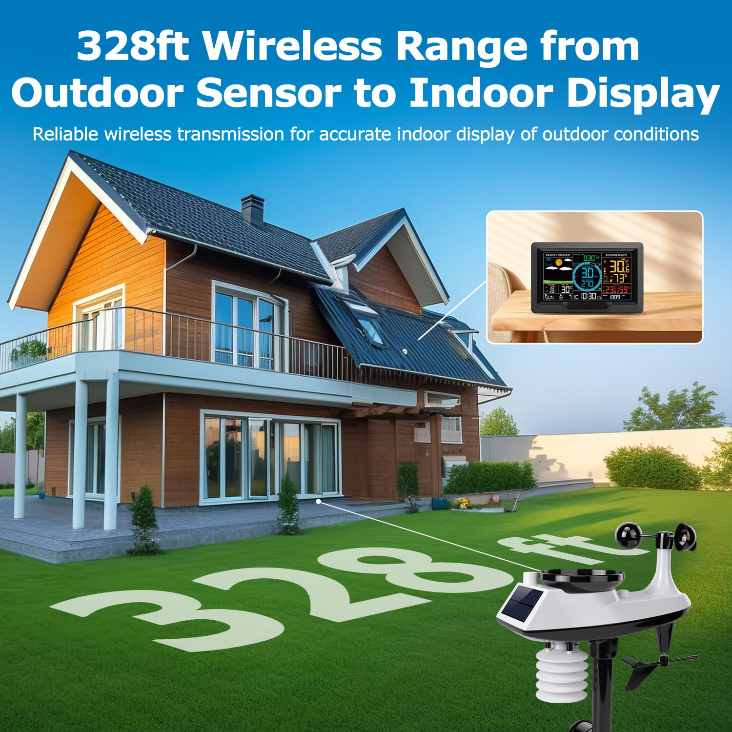 Stazione meteo wireless con sensore esterno, velocità del vento e pluviometro 10 in 1, monitor di umidità della temperatura, barometro, previsioni meteo, calendario e sveglia, display LCD per la casa