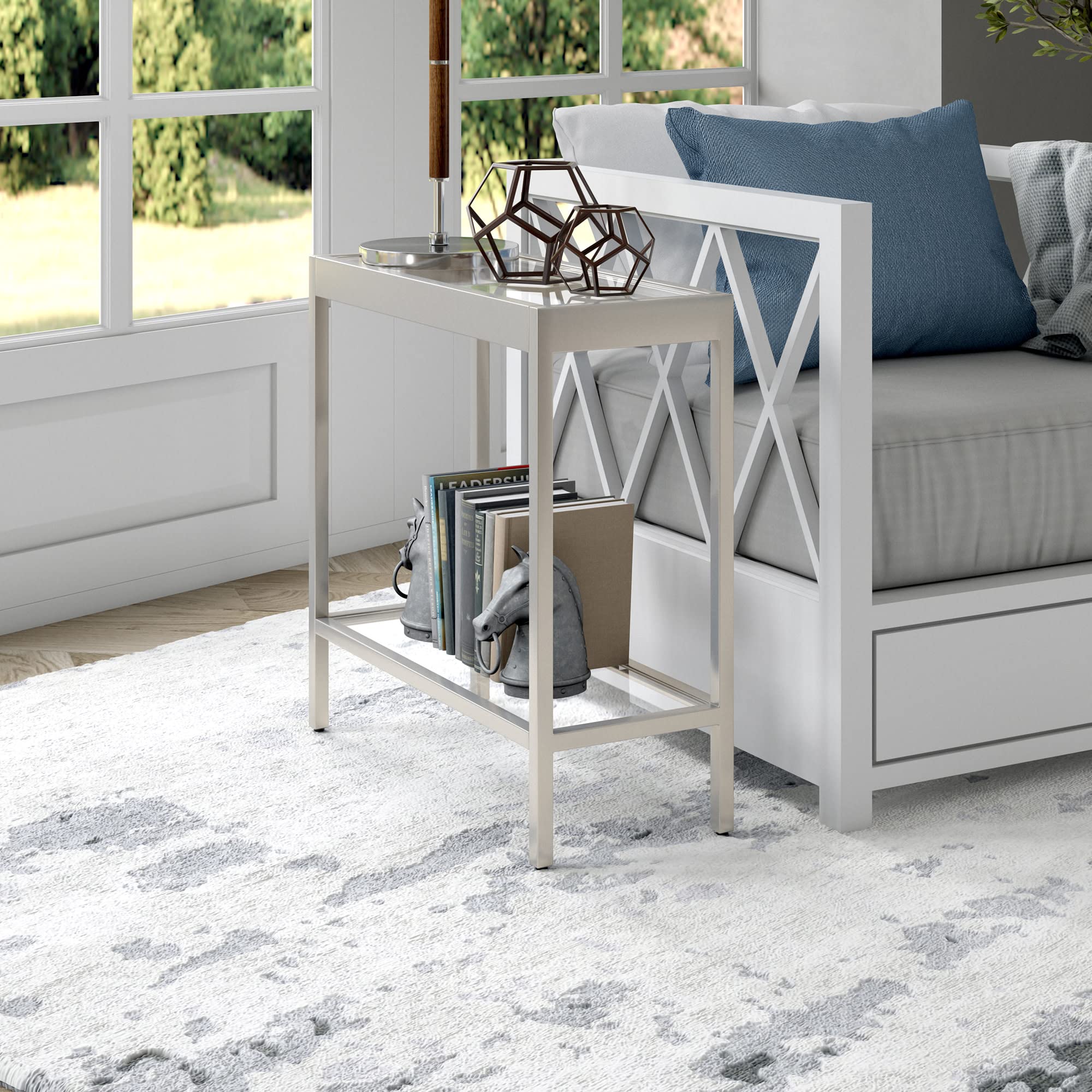 Henn&Hart 24" Wide Rectangular Rectangular Side Table in Satin Nickel, Table for Living Room