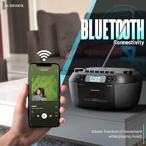 Miniatura 8 de Audiobox Reproductor portátil de CD y cassette, Bluetooth 5.3 Boombox, radio AMFM, USB, MicroSD, entrada AUX, doble, con control remoto - Negro