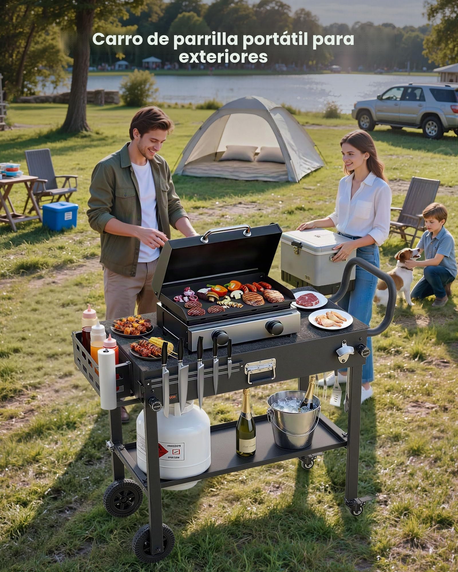 VEVOR Carro de Barbacoa Plegable 787 x 432 mm, Mesa de Barbacoa para Exteriores con Ruedas y Portapañuelos, Carrito con Soporte Magnético para Herramientas, Mesa Auxiliar para Jardín, Picnic, Cocina