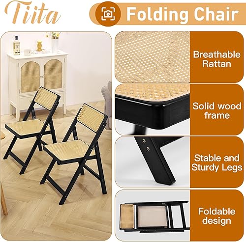 Miniatura 6 de Tiita Silla plegable de ratán, sillas de comedor modernas de mediados de siglo, cómodas sillas de bambú para exteriores para dormitorio, sala de