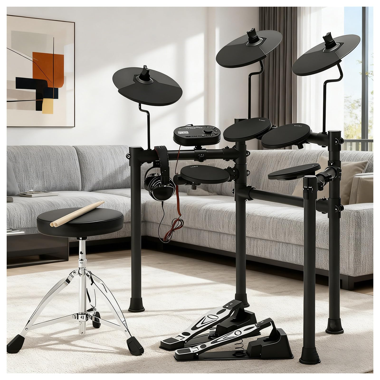 Batteria Elettronica, Kit Completo con Pelli in Silicone Silenziose, Pedale Charleston, Pad Piatti, Sgabello, Rack per Batteria, Cuffie E Bacchette, per Principianti E Bambini Standard