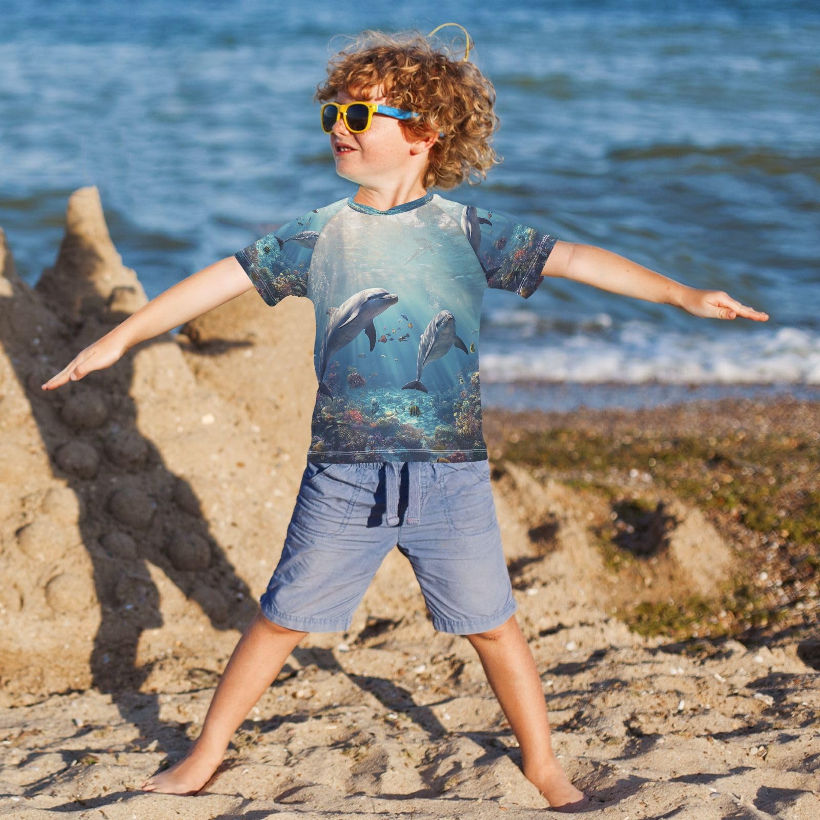 Toddler Boy Rash Guard Short Sleeve Swim Shirt Dolphin Print Rashguard 5-6T Beach Shirts Quick Dry,030