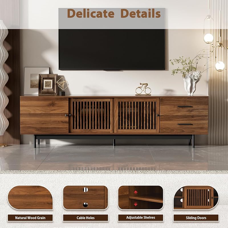 Merax 78" TV Stand for TVs Up to 85", Media Console with Slatted Doors image 3