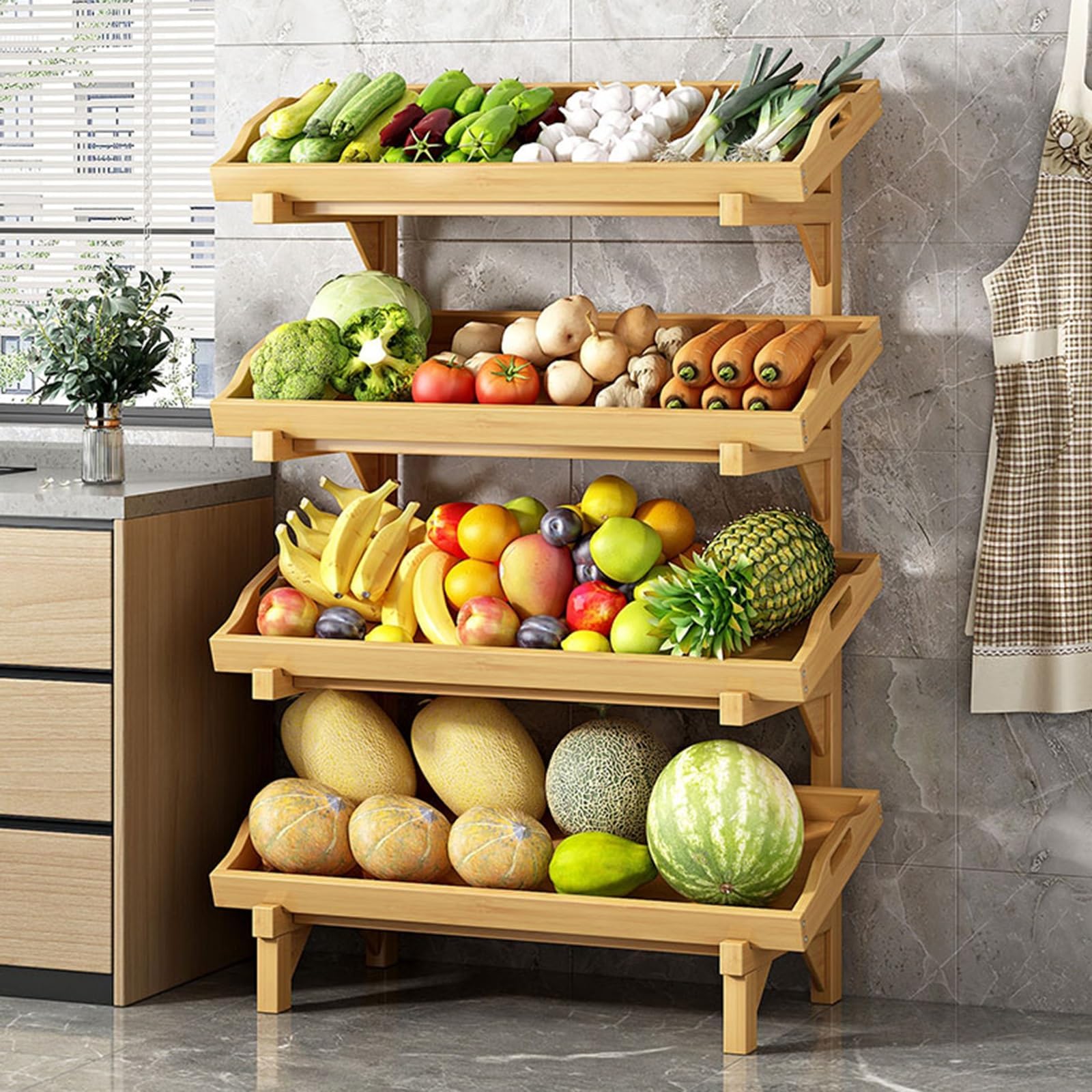 Forestalk Ligjt Grey Wooden Fruit And Vegetable Storage Basket With Guardrail Commercial Retail Rack Display Stand For Home Kitchen Pantry Free Standing Supermarket Snack Shelf(Size:(4 Tier)50Cm/19.7In W,Color:ligjt Grey)