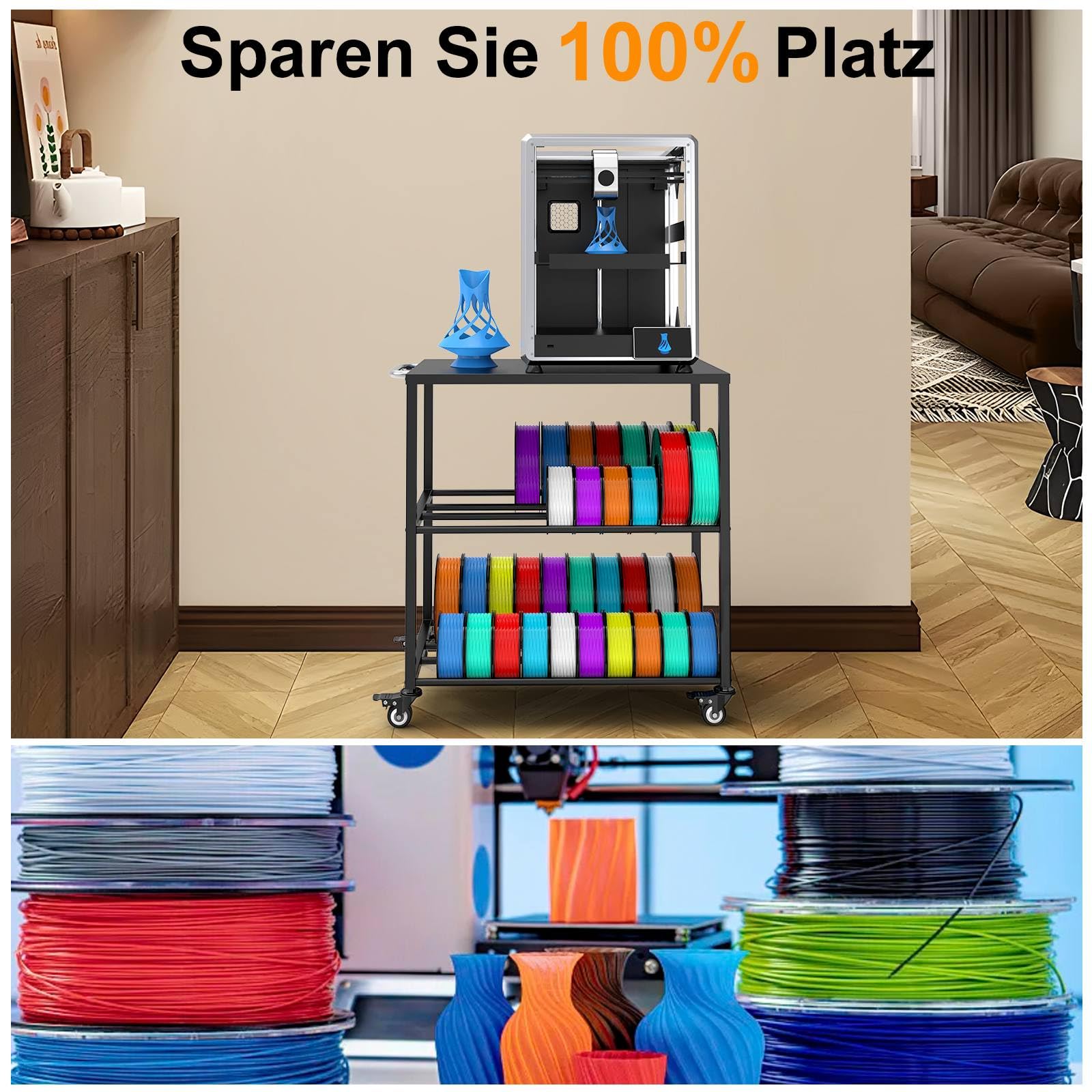 Regał na filament do drukarki 3D, wytrzymały metalowy regał magazynowy z kółkami, rolki filamentowe, regał do PLA/ABS/TPU do przechowywania w domu, biurze, warsztacie (czarny)