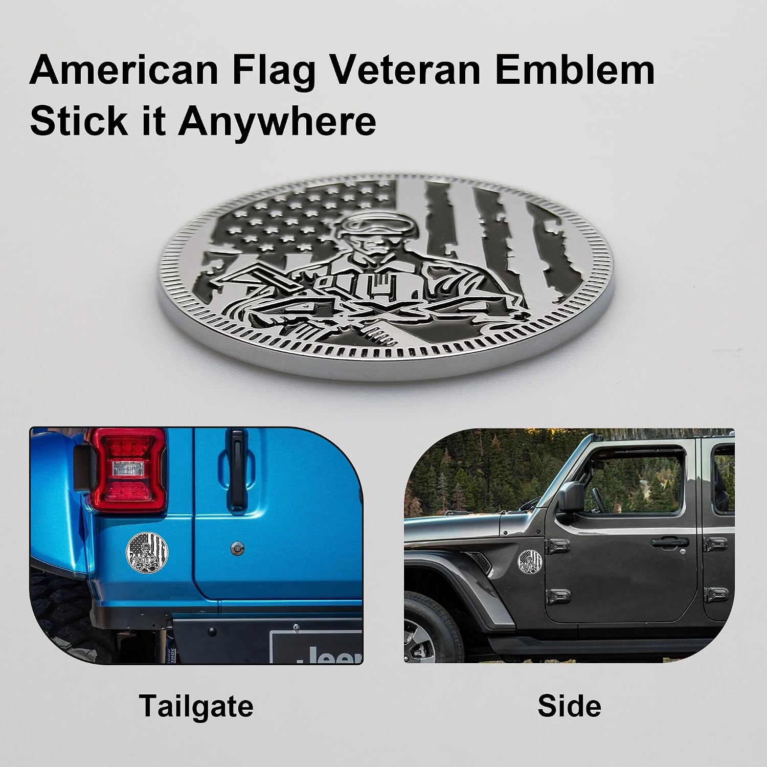 2Pcs American Flag Veteran Emblem Round Metal 4x4 Badge 3D Car Decal Sticker Fits Jeep Wrangler Most Car Decorations(Silver Black)