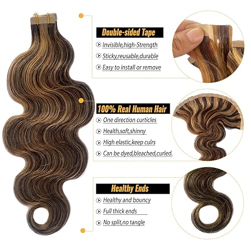 Miniatura 2 de Extensiones de cabello humano con cinta adhesiva, color negro, para mujeres y marrones, reflejos rubios, sin costuras, extensiones de cabello humano