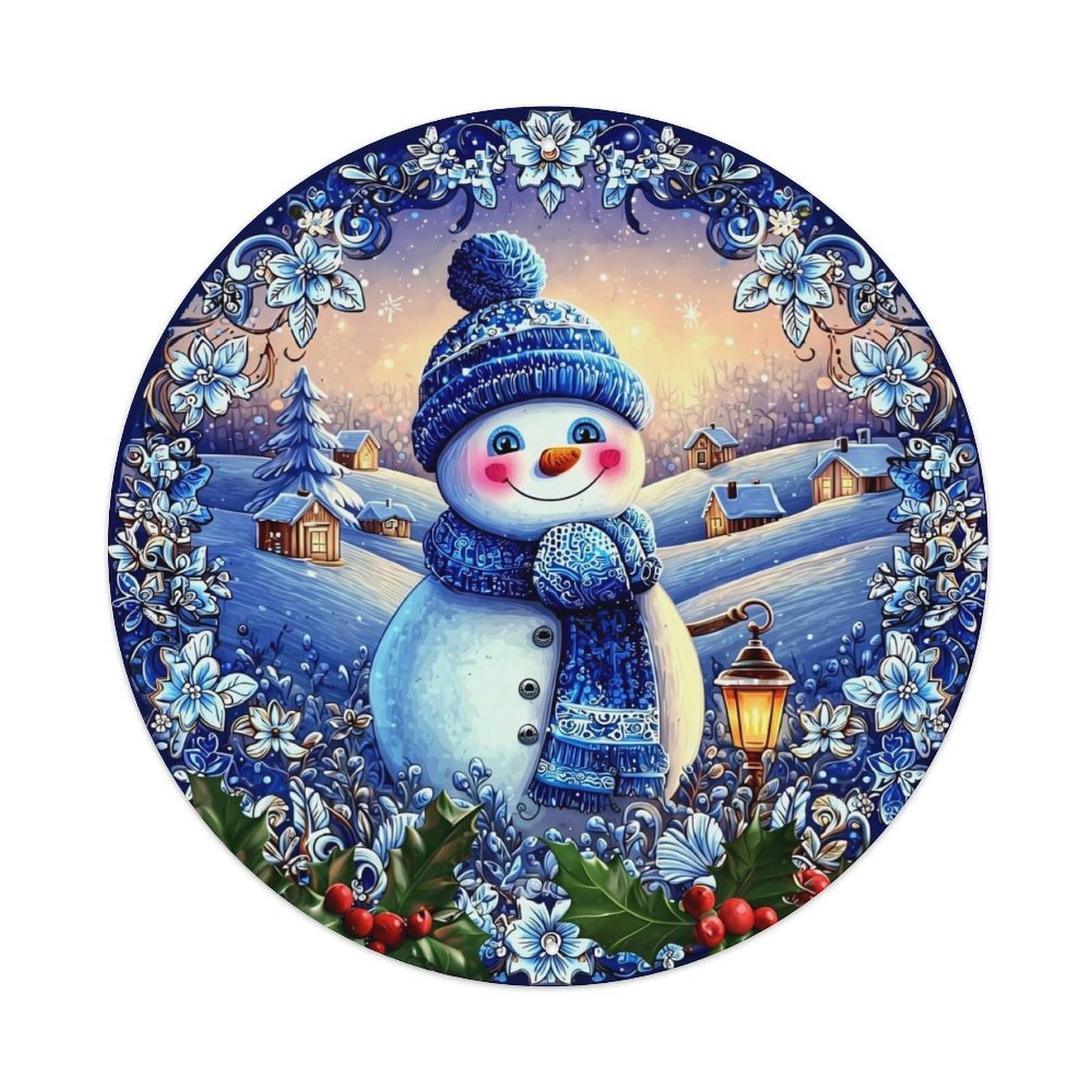 Snowman Winter Landscape Floral Vintage Round Tin Sign Retro Metal Wall Decor Metal Poster, Home Bar Garage Cafe Wall Art Decoration 8x8Inches