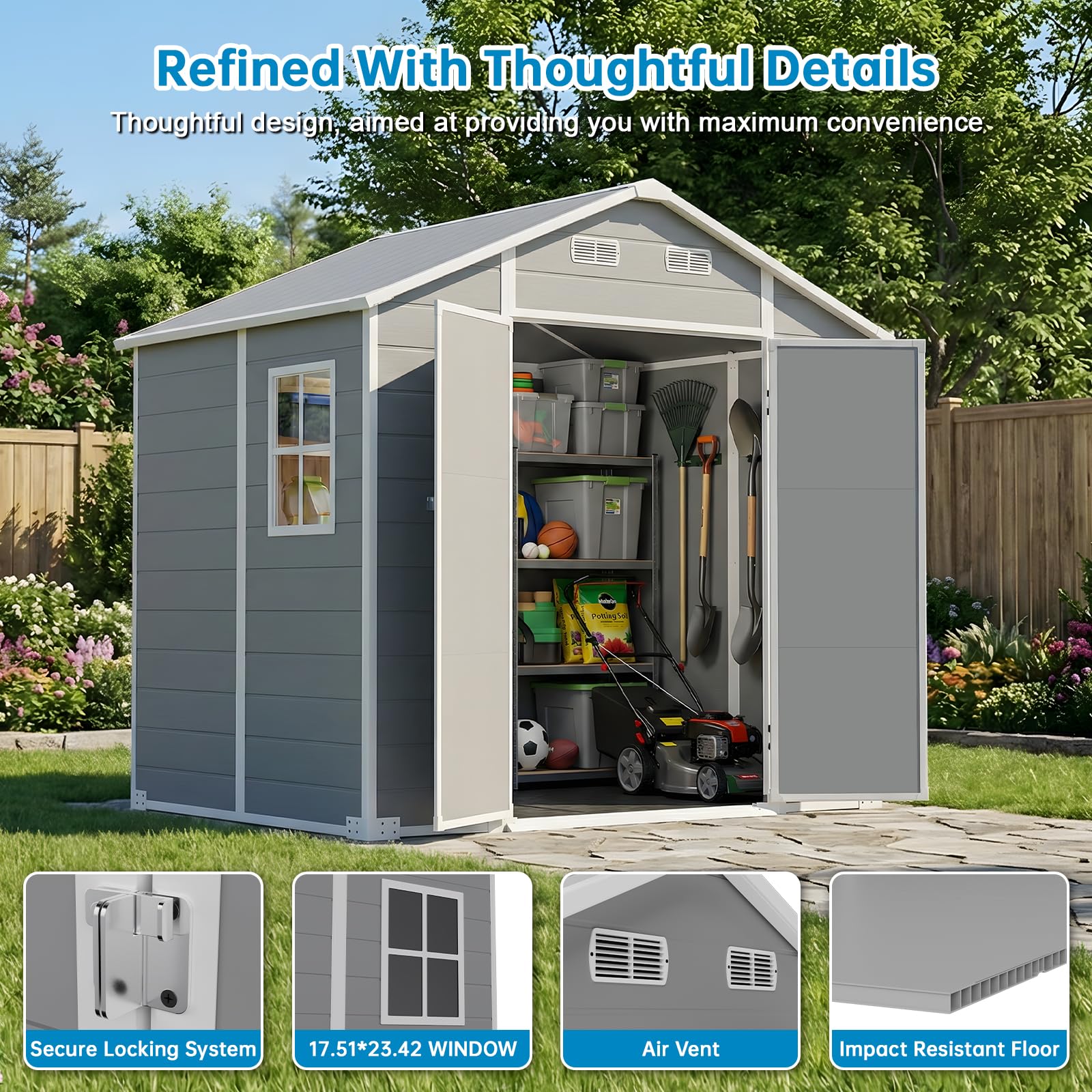 LARBANKE Caseta de Jardín Exterior 2,4×1,8m con Suelo — Cobertizo de Resina, Puerta con Cerradura, Ventilación, Impermeable, Techo Inclinado Antilluvia, Montaje en Kit, Gris