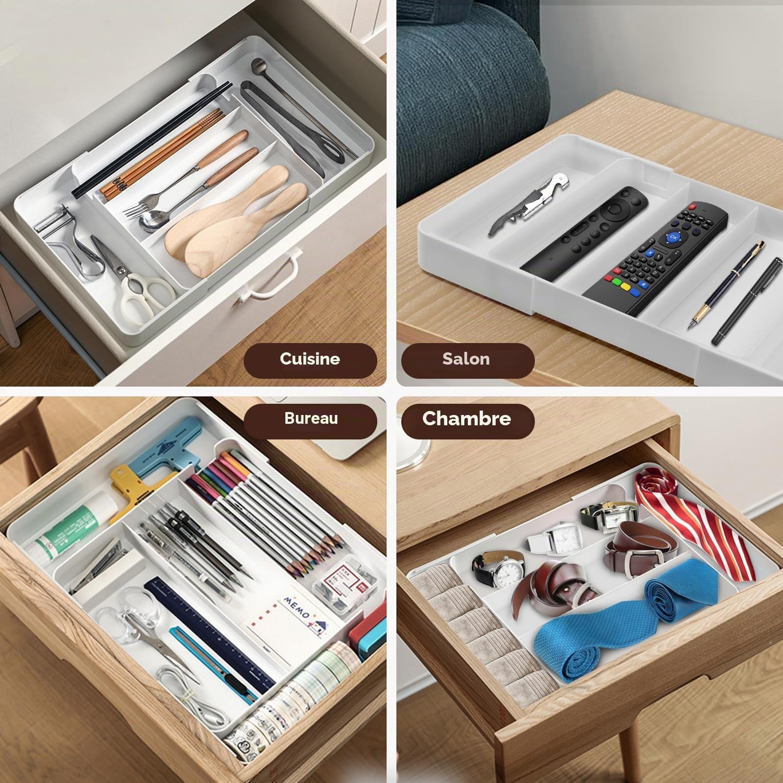2 Pièce Range Couvert Tiroir Extensible, Rangement Couvert | Profondeur 27 cm, Extensible Jusqu'à 45,5 cm, Range-couverts Amovible, Organisateur Couverts Tiroir avec 5 Compartiments