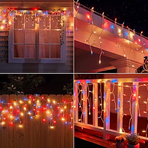 Miniatura 7 de Luces de carámbano decorativas para el 4 de julio tira de luces patrióticas de 108 pies luces rojas blancas y azules para el día de la independencia