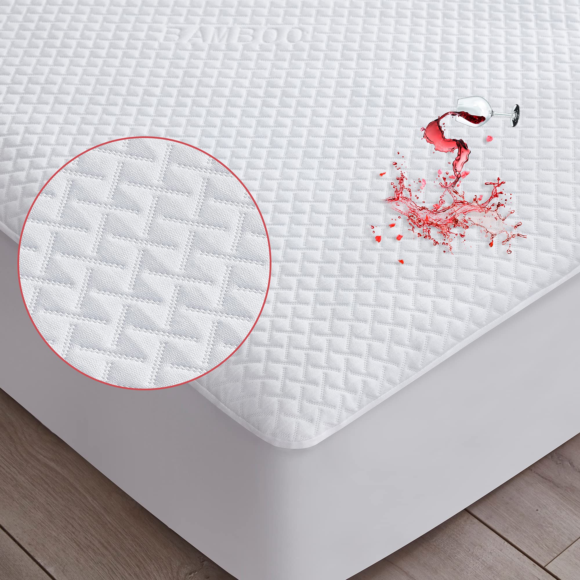 Qeils Bamboo Waterproof Mattress Pad, Mattress Topper Protector Cover Quilted Fitted, Mattress Cover Stretches Up to 8''-21'', Soft Hollow Cotton Filling Mattress Protector for Queen Size Bed