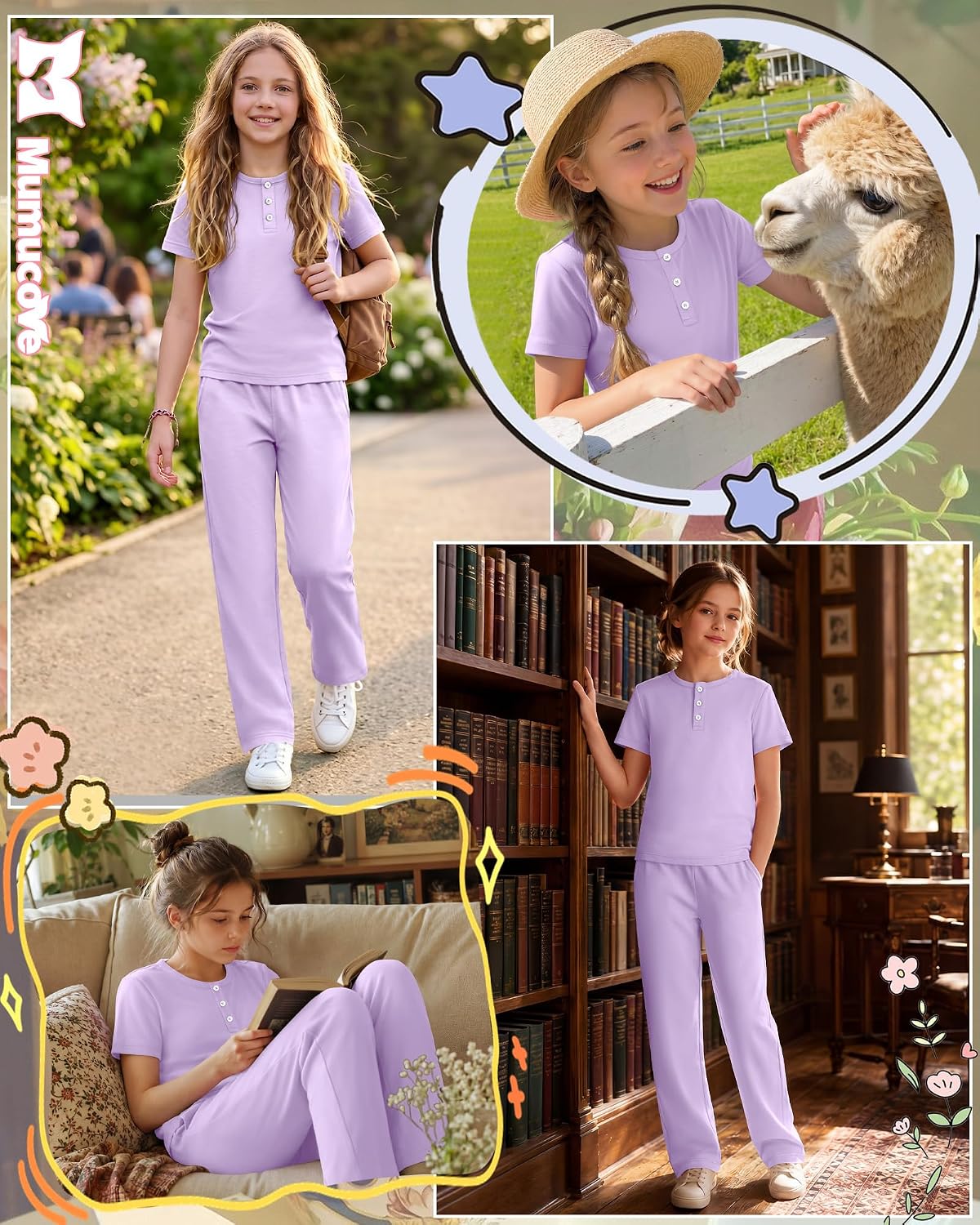 Girls 2 Piece Outfits Short Sleeve Tops and Wide Leg Pants Set Summer Casual Clothes Set 5-14 Years