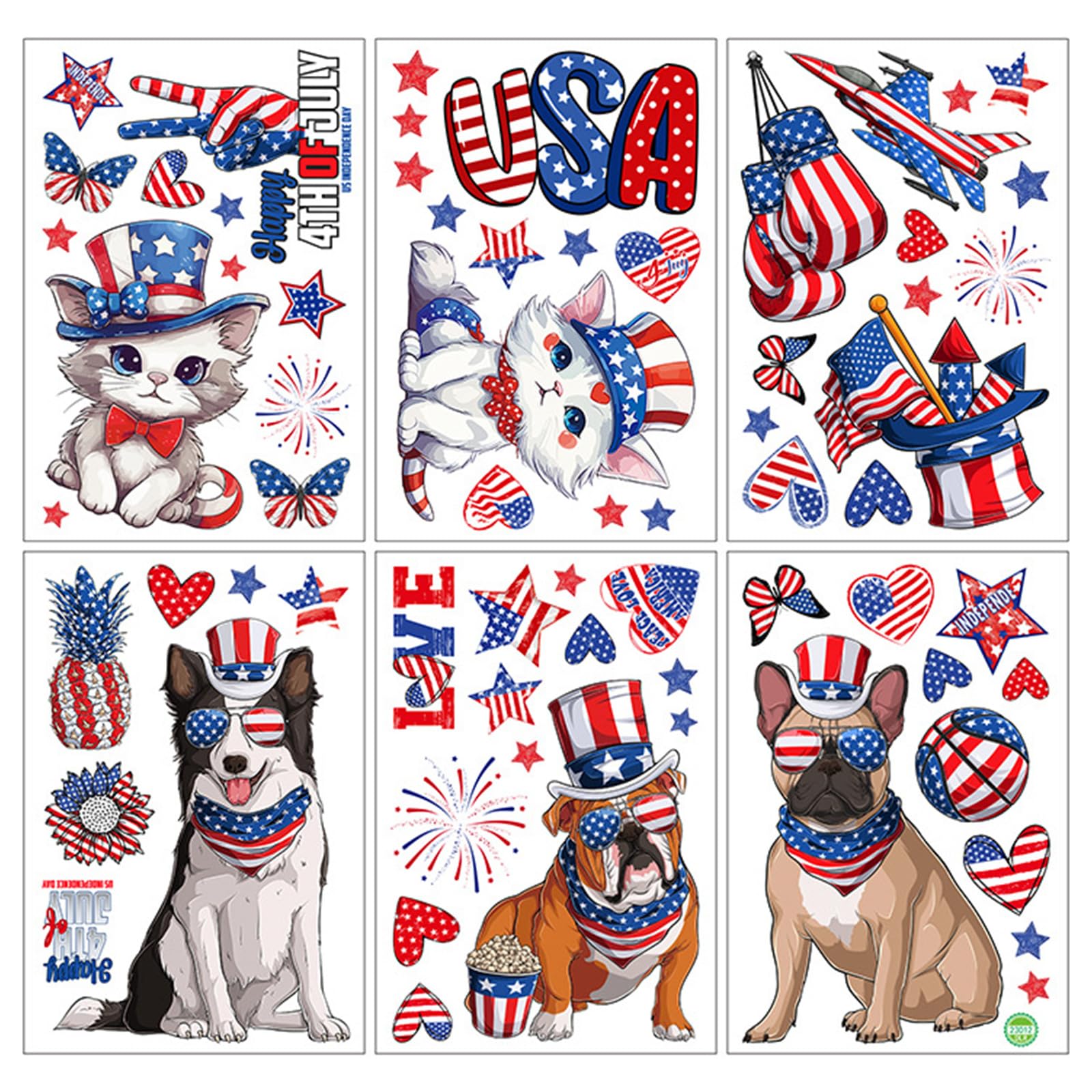 6 Sheets America Flag Window Clings Patriotics Star Striped Cats Dog Sticker for Independence Day Celebration Decors Patriotics Window Sticker