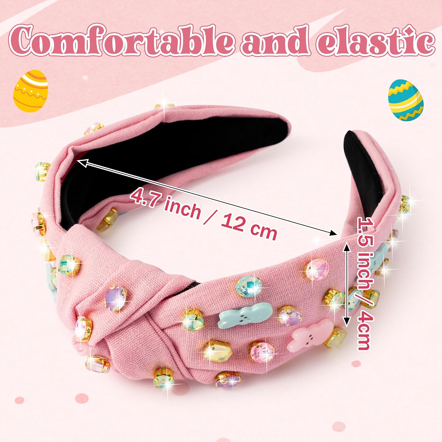 PANTIDE Easter Bunny Jeweled Knotted Headband - Rabbits Colorful Rhinestone Embellished Headband Non Slip Wide Top Knot Hairband Hair Accessories Spring Birthday Gift for Women Girls (Pink)