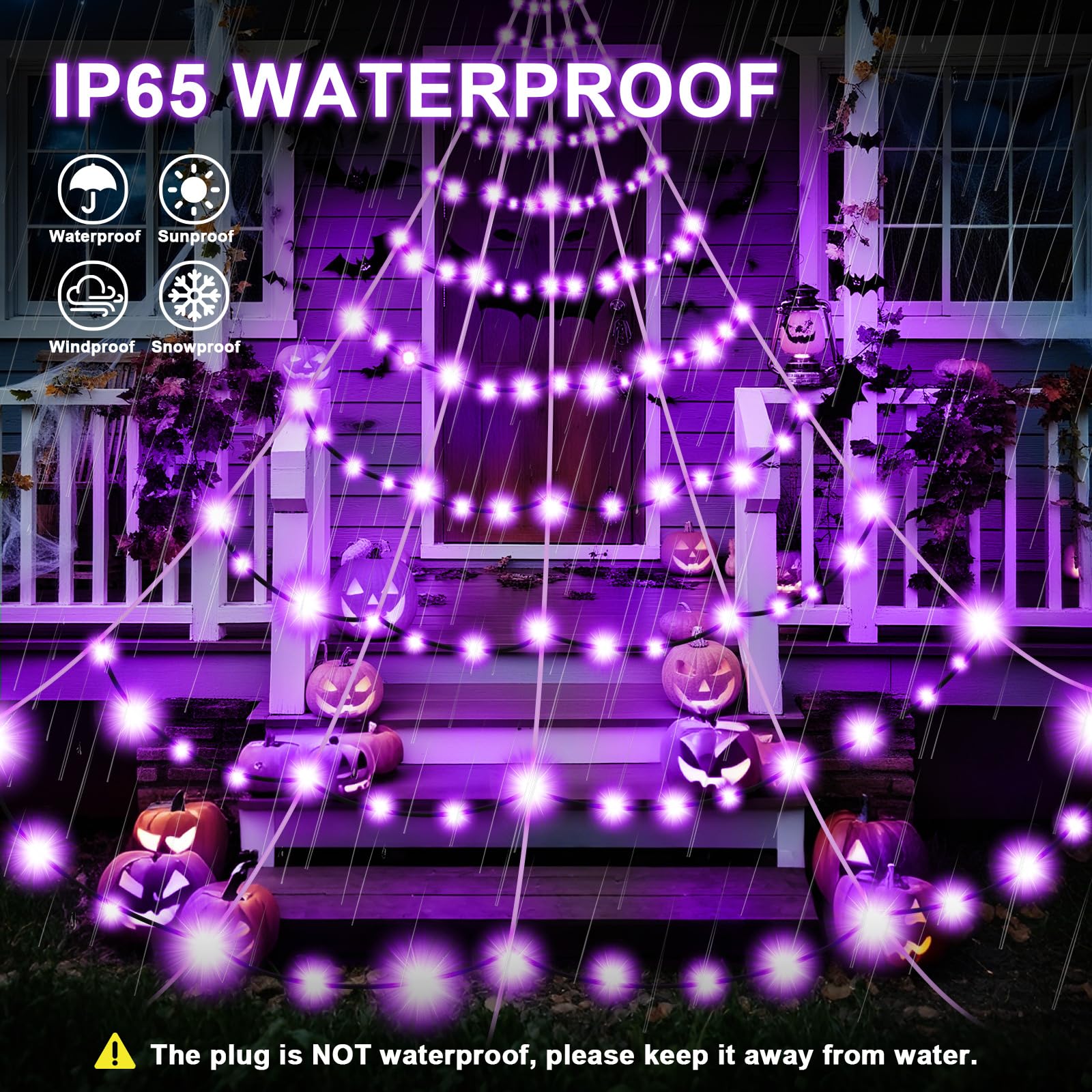 Decoración de telarañas de Halloween para exteriores, telaraña gigante de 19.7 x 14.8 pies con 250 luces LED moradas, telaraña negra triangular iluminada de Halloween con 8 modos y araña para