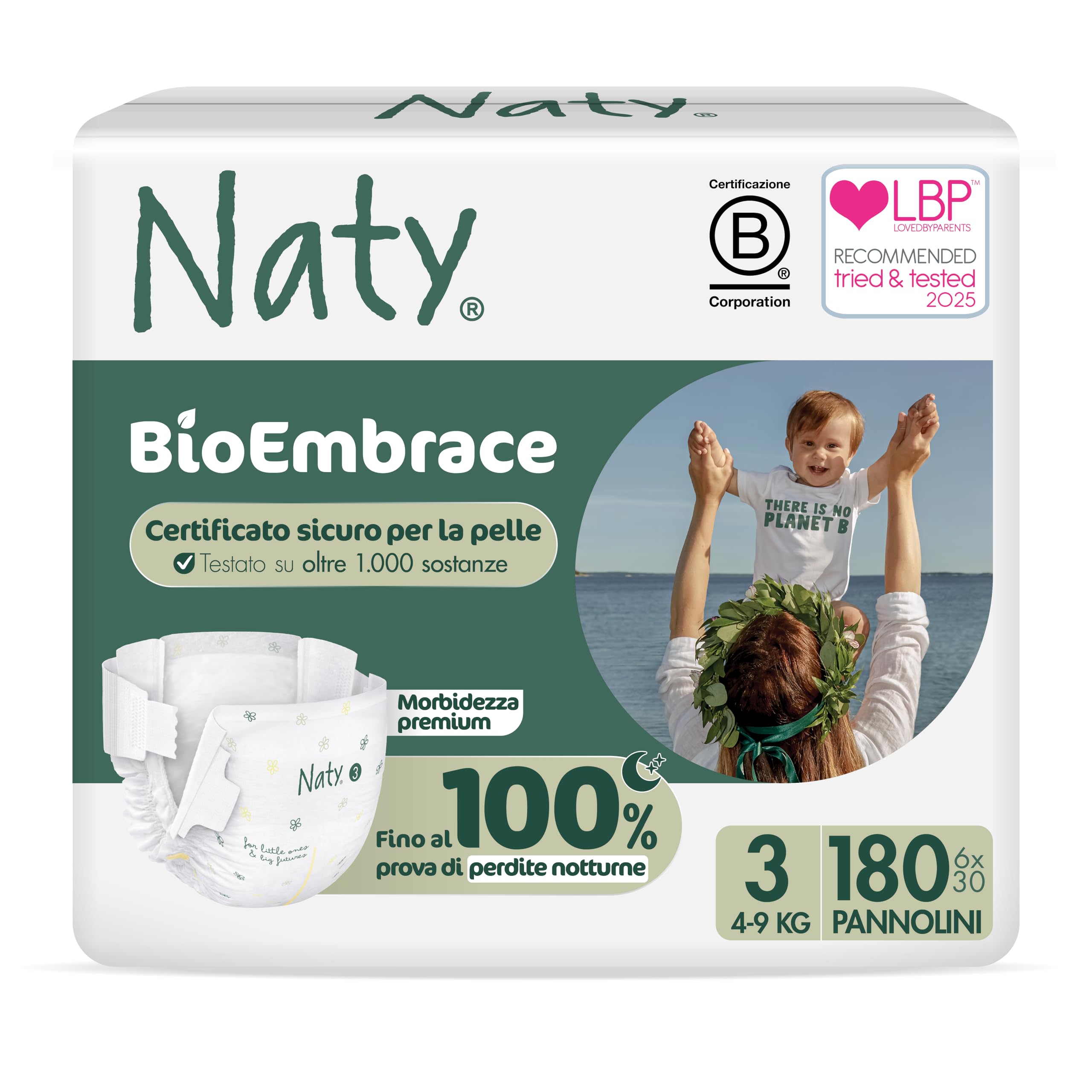 Naty BioEmbrace Pannolini per Bambini | Certificati per pelle sensibile | Protezione anti-perdite fino al 100% | Morbidezza vegetale | Senza profumo & cloro | Taglia 3 (4–9 kg), 180 pz