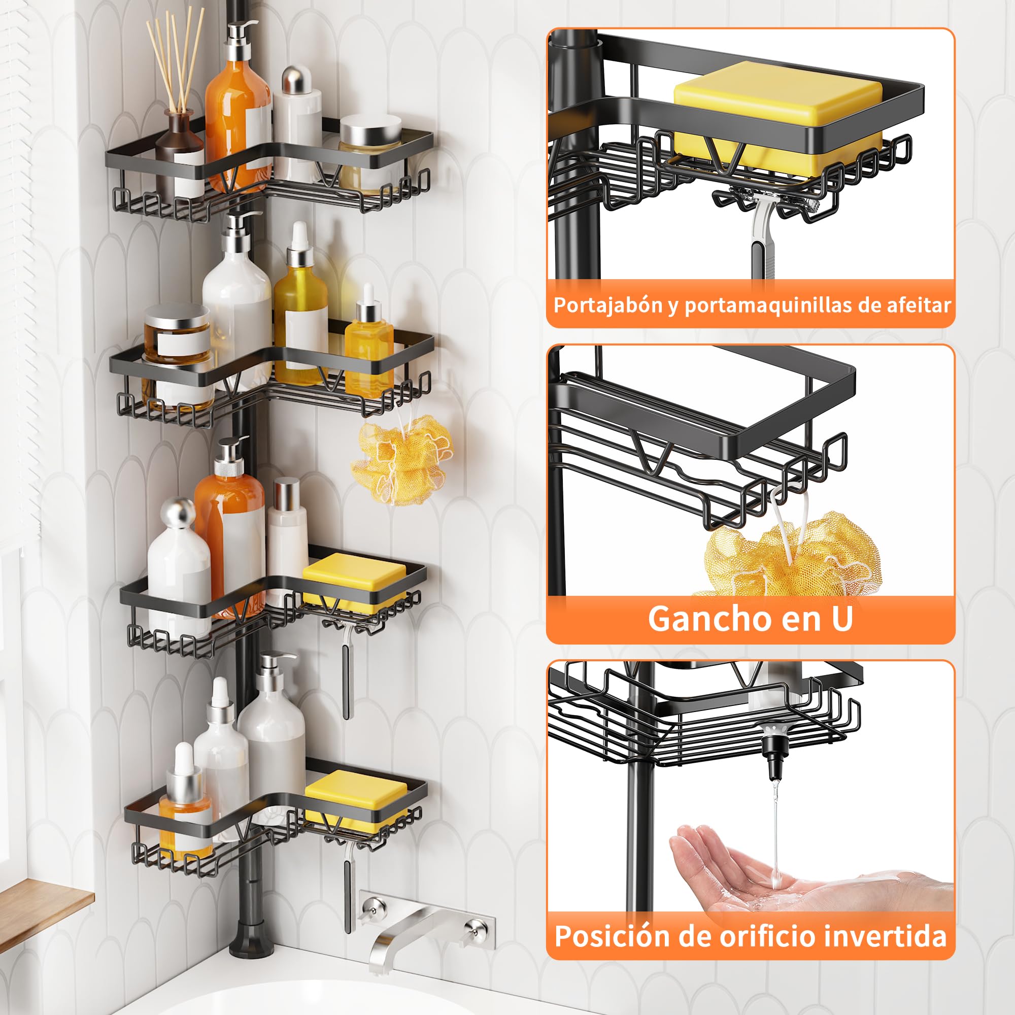 KEGII Telescópica Estantería Ducha, Esquina Estante Ducha, Estanteria baño Sin Taladro, Estanteria Ducha con 4 Cestas para Bañera y Baño, Altura Ajustable 63.5-290 CM，Negro