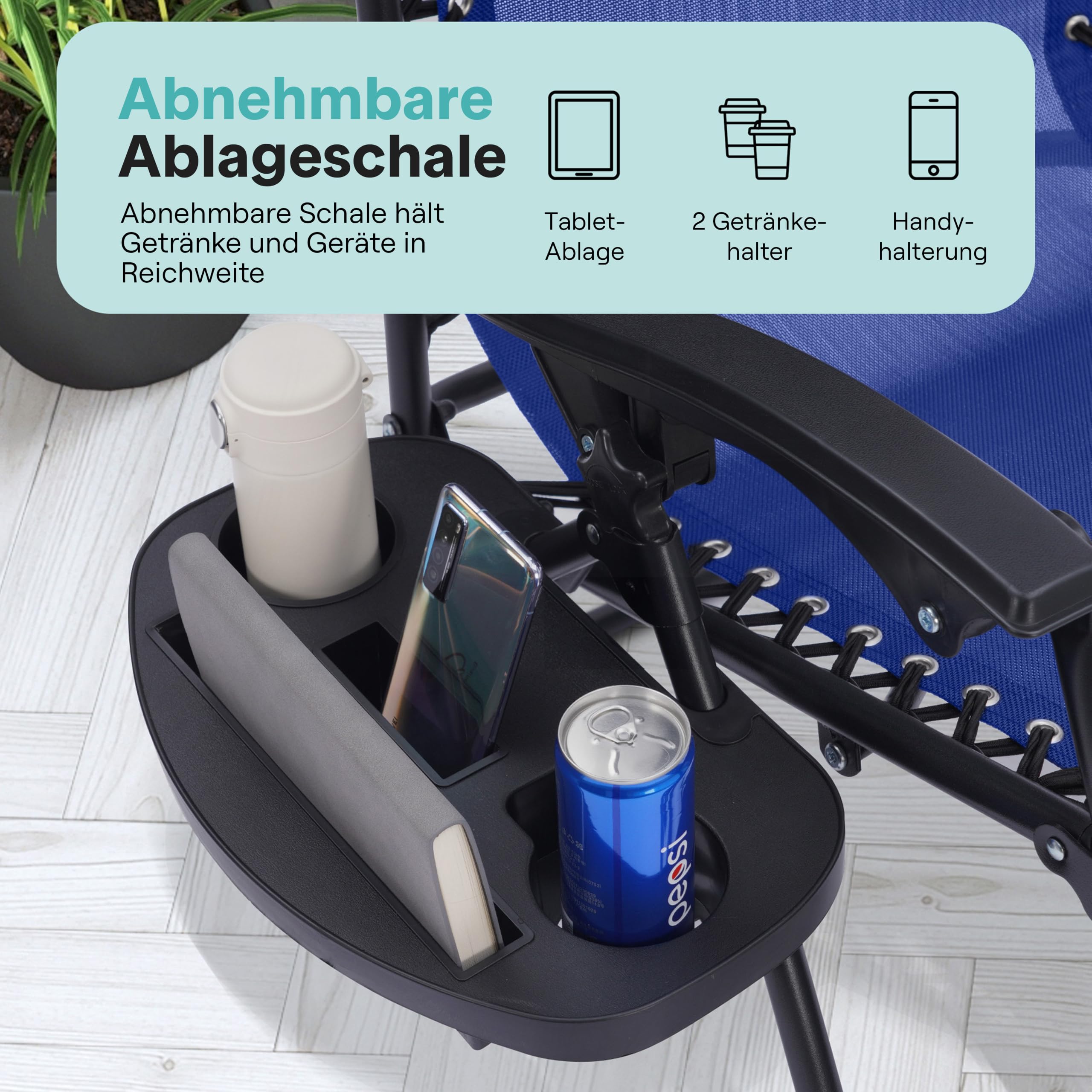 SereneLife Sonnenliege Klappbar 2er Set, Zero Gravity Liegestuhl Garten, bis 120 kg Blau, Verstellbar und Wetterfest, mit Getränkehalter und Kopfstütze, für Balkon Terrasse Strand Relax