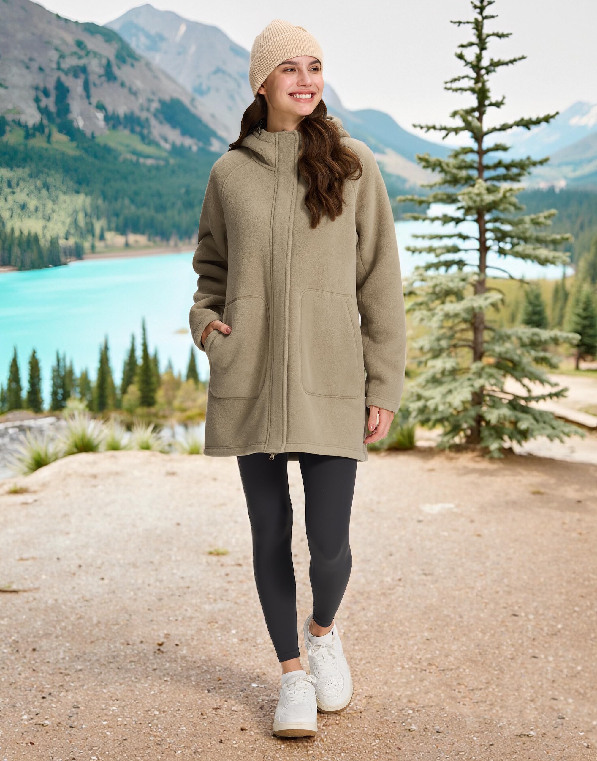Pioneer Camp Fleecejacke Damen Lang Gefütterte Jacke Dicke Warme 400g Hoodie Jacke Full-Zip Kapuzenpullover Mantel mit Kapuze Antistatische Mäntel Herbst Winterjacke (Fällt groß aus)