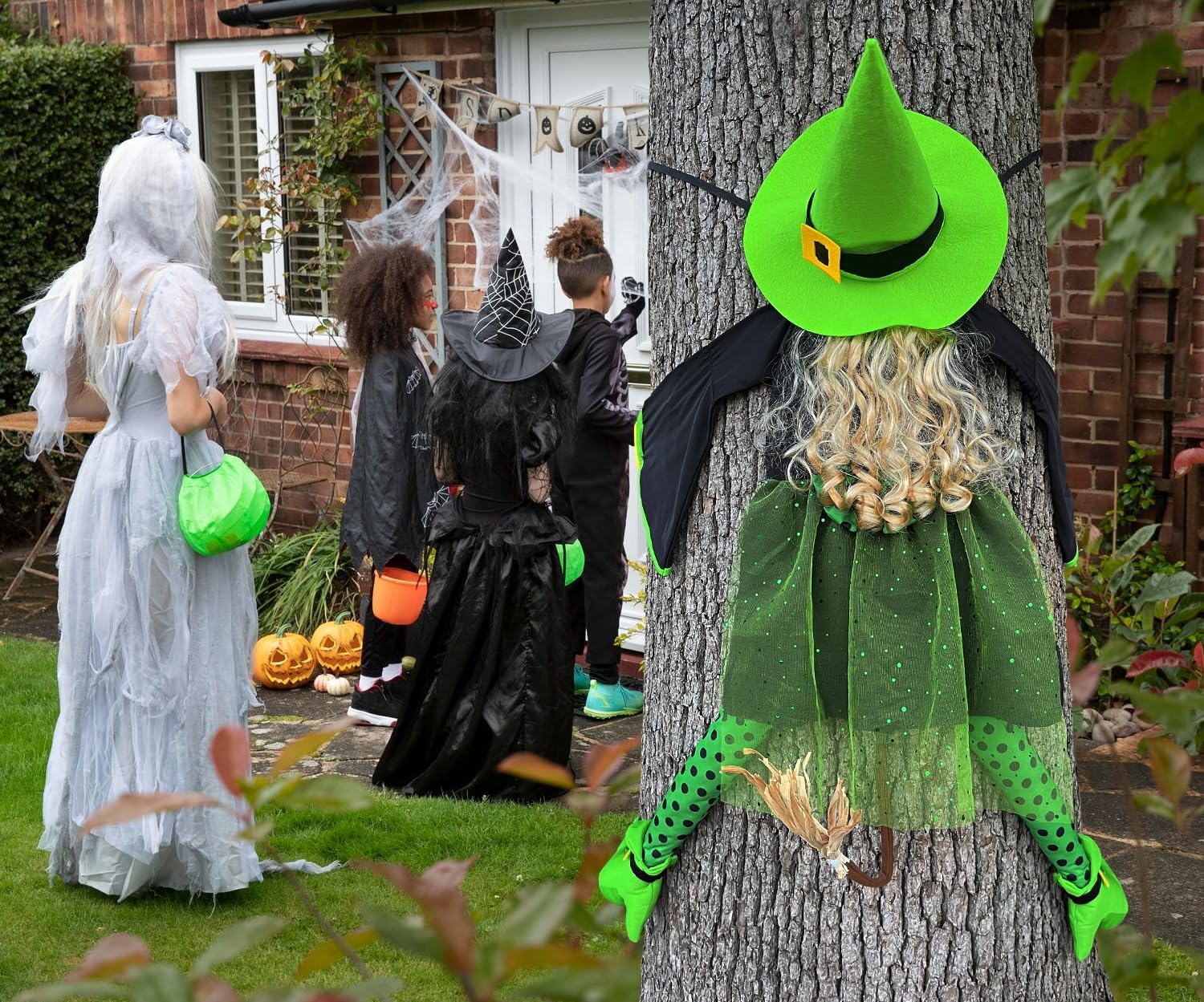 HOIIOH 53" Halloween Crashing Witch Decoration – Green Flying Witch Tree Prop for Yard, Porch, Patio, Lawn – Funny Outdoor Halloween Decor for Garden, Fence, and Door