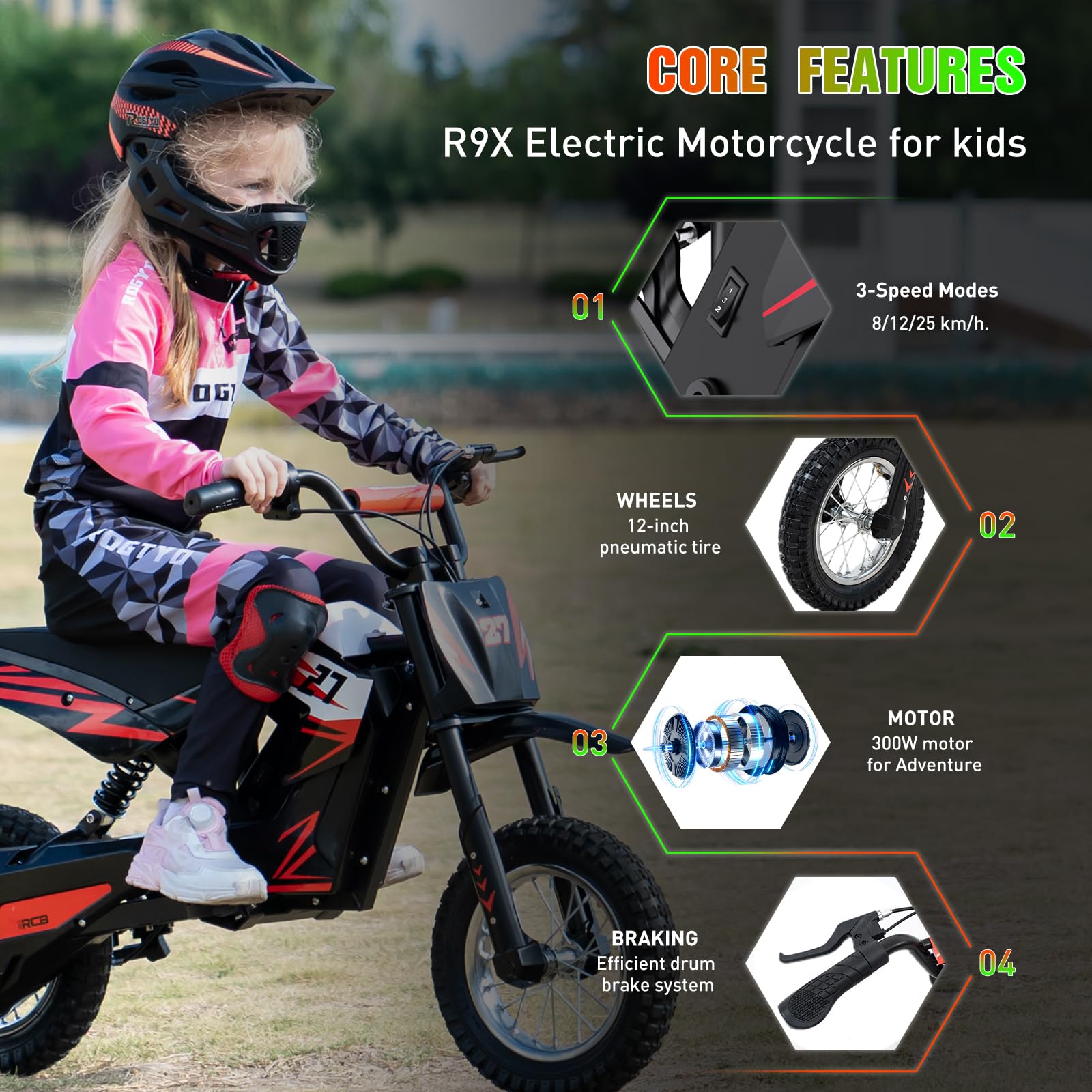 RCB TECH R9X Elektro Motorrad Kinder, Elektromotorrad mit 3 Geschwindigkeitsmodus, Max 25km/h, 36V/5,2Ah Akku, Reichweite 17KM, 12 Zoll Luftreifen, Moto Crossbike für Kinder （blau）
