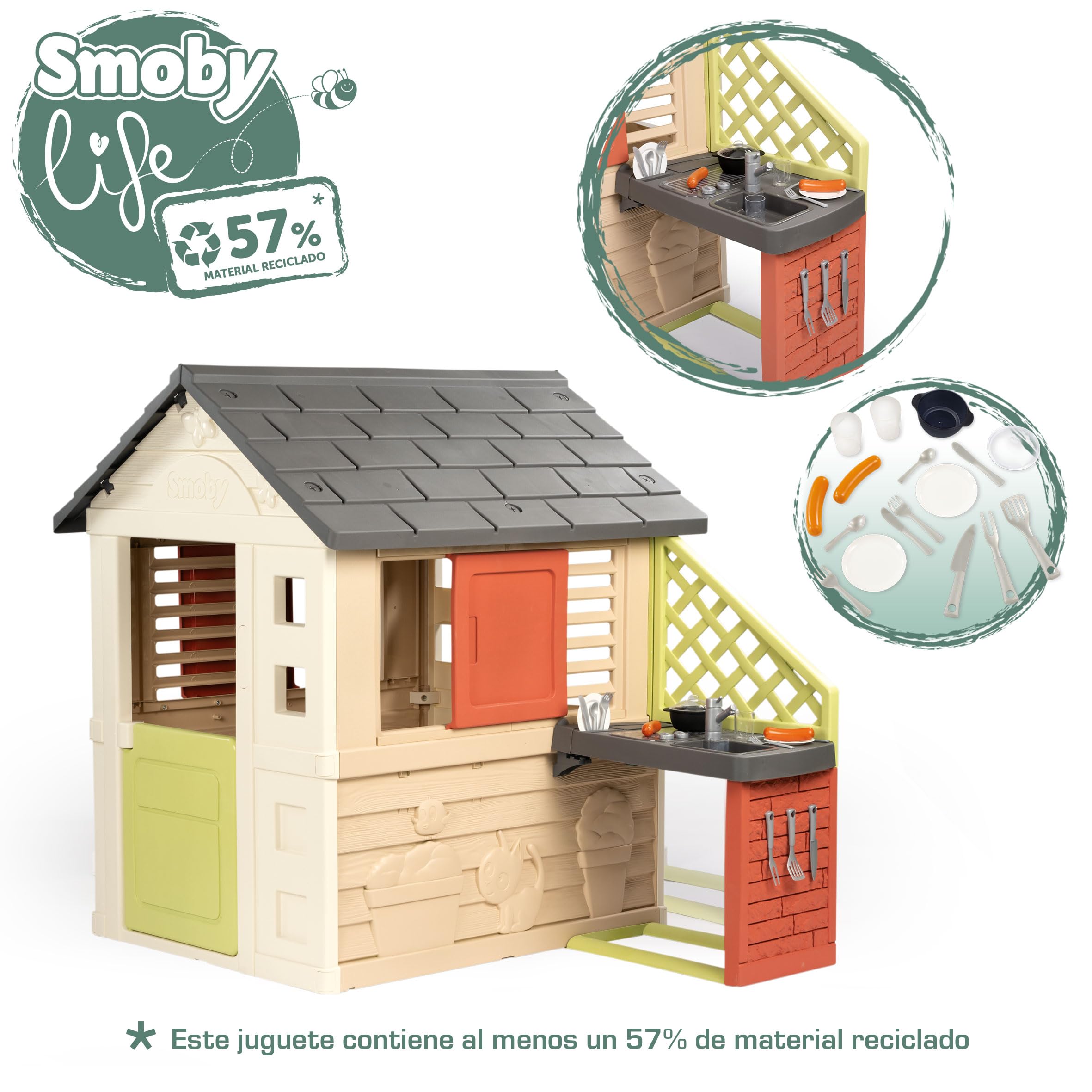 Smoby Life Casa Nature con Cocina de Juguete - Casita Infantil Interior y Exterior - Material Reciclado UV Resistente - A Partir 2 años - Cocina y Accesorios Incluidos - (7600810739)