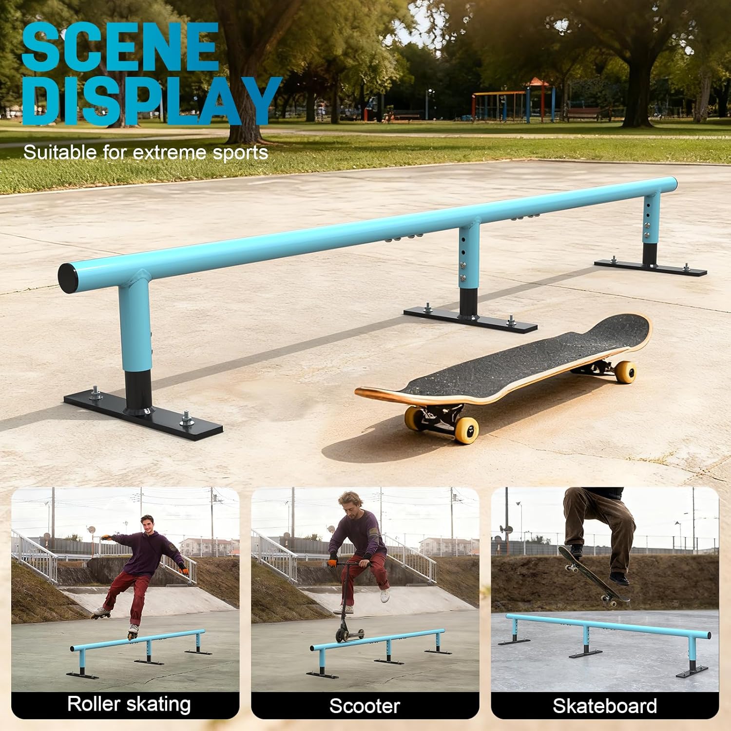 AUH Skateboard Ramp Grind Rail 71 inch, Round Skate Rail for for Scooters, Skateboards & Inline Skates, Adjustable Height, Blue