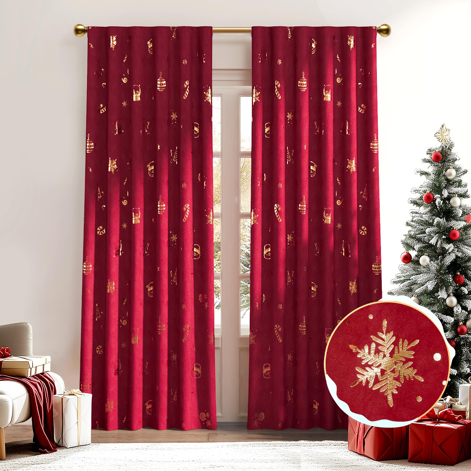 Lazzzy Christmas Blackout Red Velvet Curtain 84 Inches Long