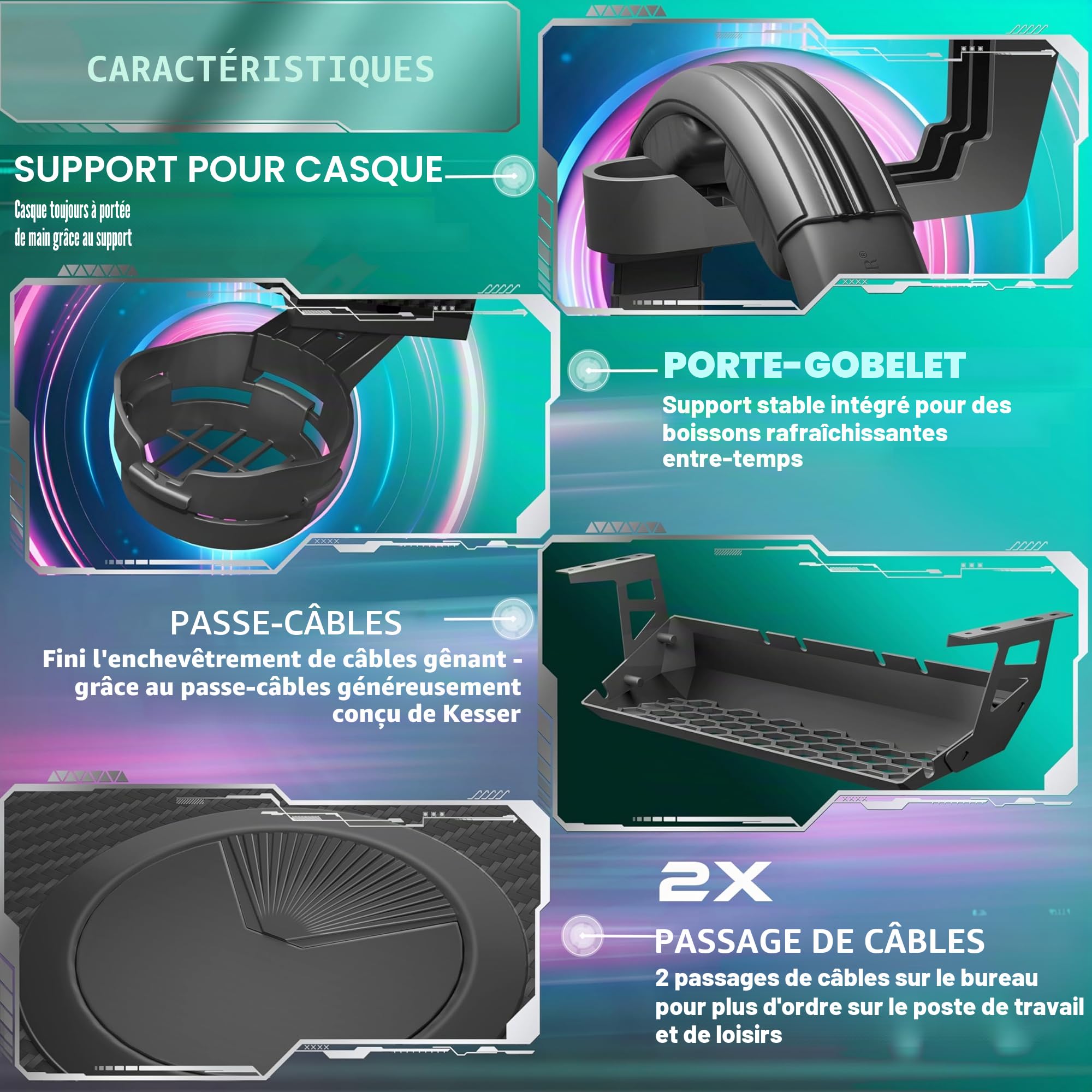 KESSER® Table de Jeu - 180 cm x 80 cm - Bureau Gamer en Forme de Z - Crochet pour Casque et revêtement en Carbone - Bureau d'ordinateur Ergonomique - Table Stable avec Porte-gobelet - Noir