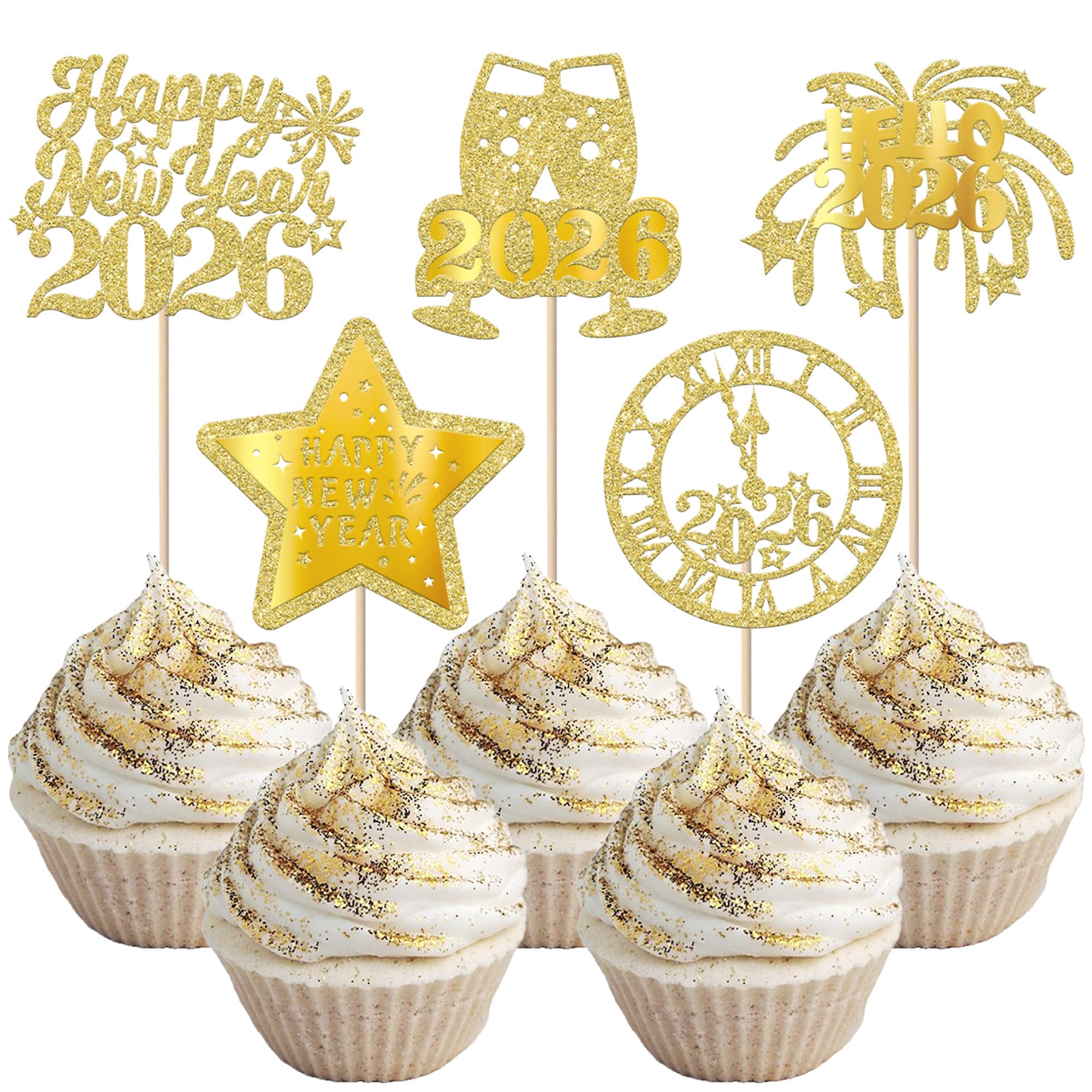 30 Stück Happy New Year 2026 Cupcake Toppers Glitzer Hello 2026 Tortendeko Prost auf 2026 Kuchen Deko Willkommen 2026 Kuchen Dekoration für 2026 Frohes Neues Jahr Party Torten Dekoration Gold