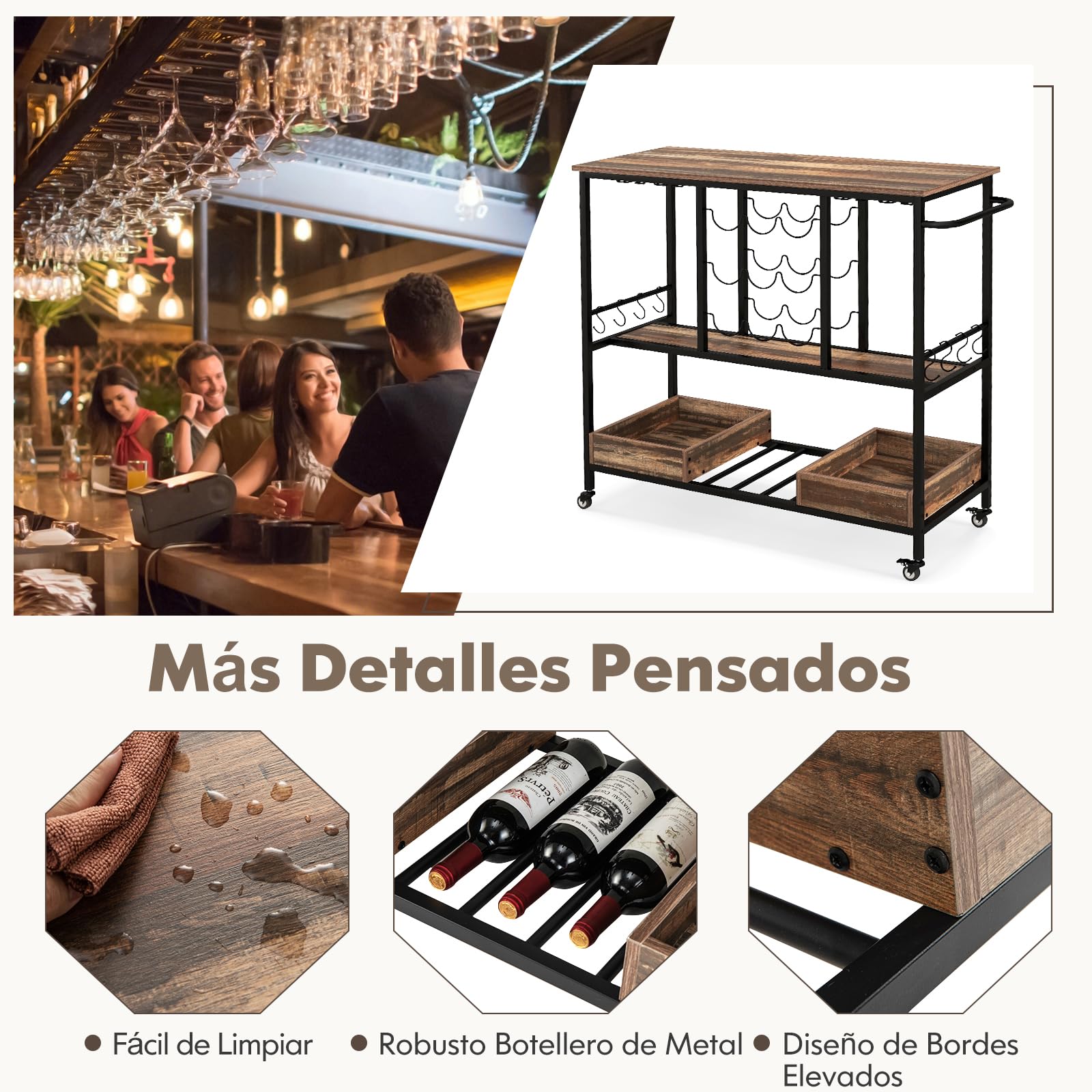 GOPLUS Carro de Servicio para el Hogar, Carrito de Bar para Bebidas con Estantes para Vidrio, Soportes para Vino, Ganchos y Bandeja de Almacenaje, Ruedas Bloqueables, de 3 Niveles para Cocina, Comedor