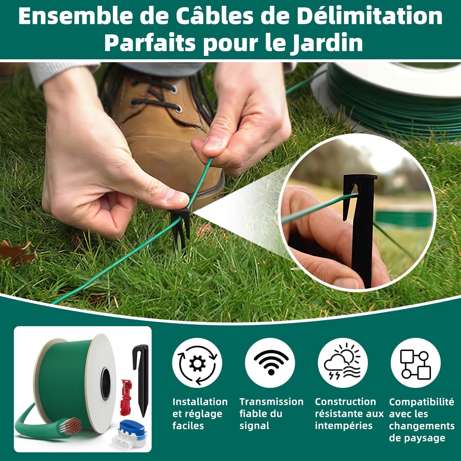 Hausprofi - Cable robot cortacésped (150 m, 300 estacas, 10 conectores de cable + 10 terminales de conexión, cable robot cortacésped, cable para robots cortacéspedes de Worx,Gardena, Bosch