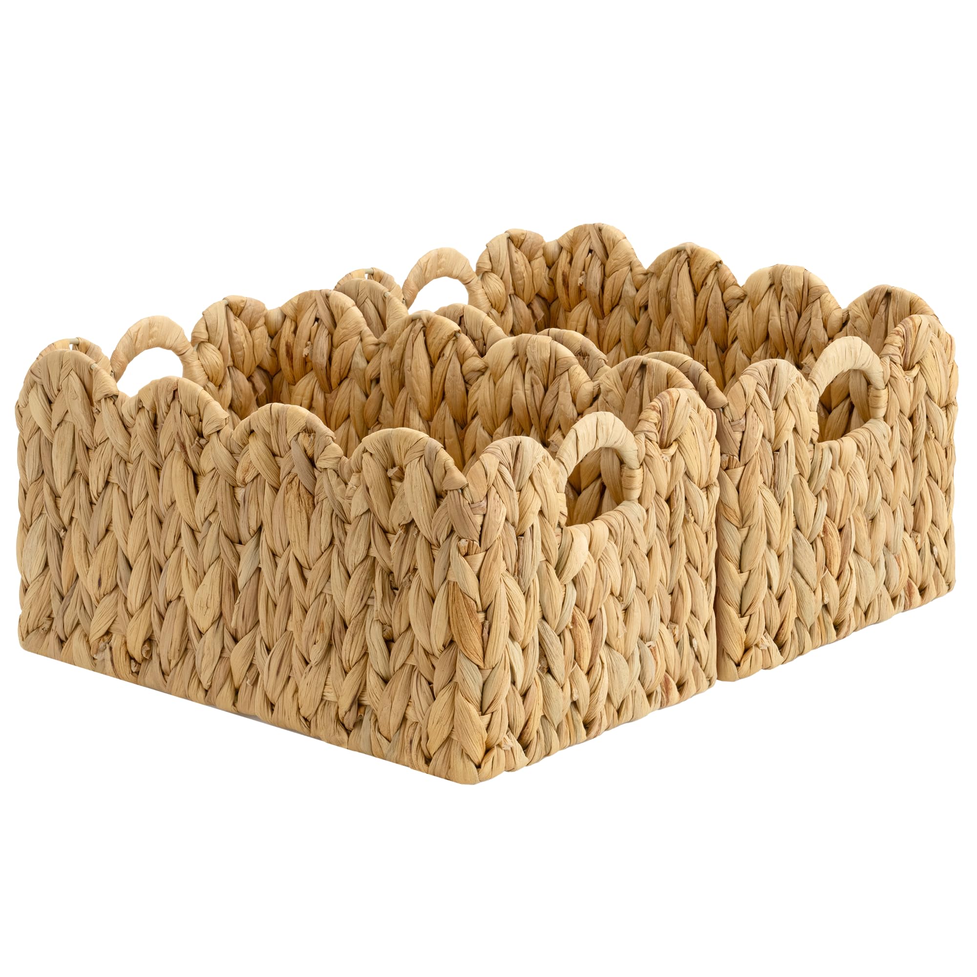 StorageWorks Scalloped Water Hyacinth Baskets, Hand-woven Rattan Baskets with Built-in Handles, Cute Baby Basket for Nursery, Basket for Organizing and Decor, 13" L x 8Â¼"W x 7" H
