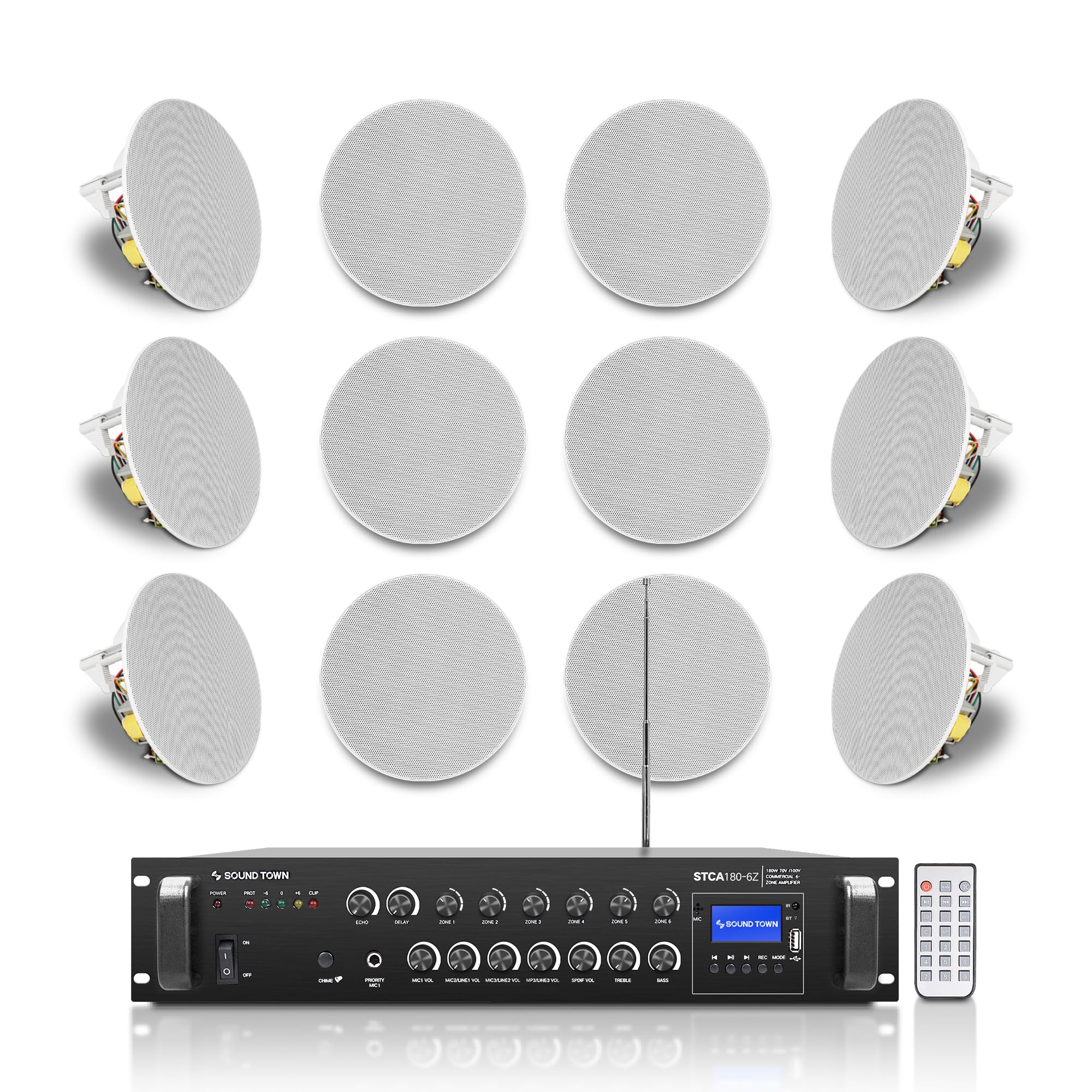Sound Town Commercial Restaurant Bluetooth Amplifier + in-Ceiling Speaker Set, with One 6-Zone 70V/100V Amplifier with Bluetooth, 12 x Two-Way 6.5-Inch in-Ceiling Speakers, White (STCA180X12CS6N)